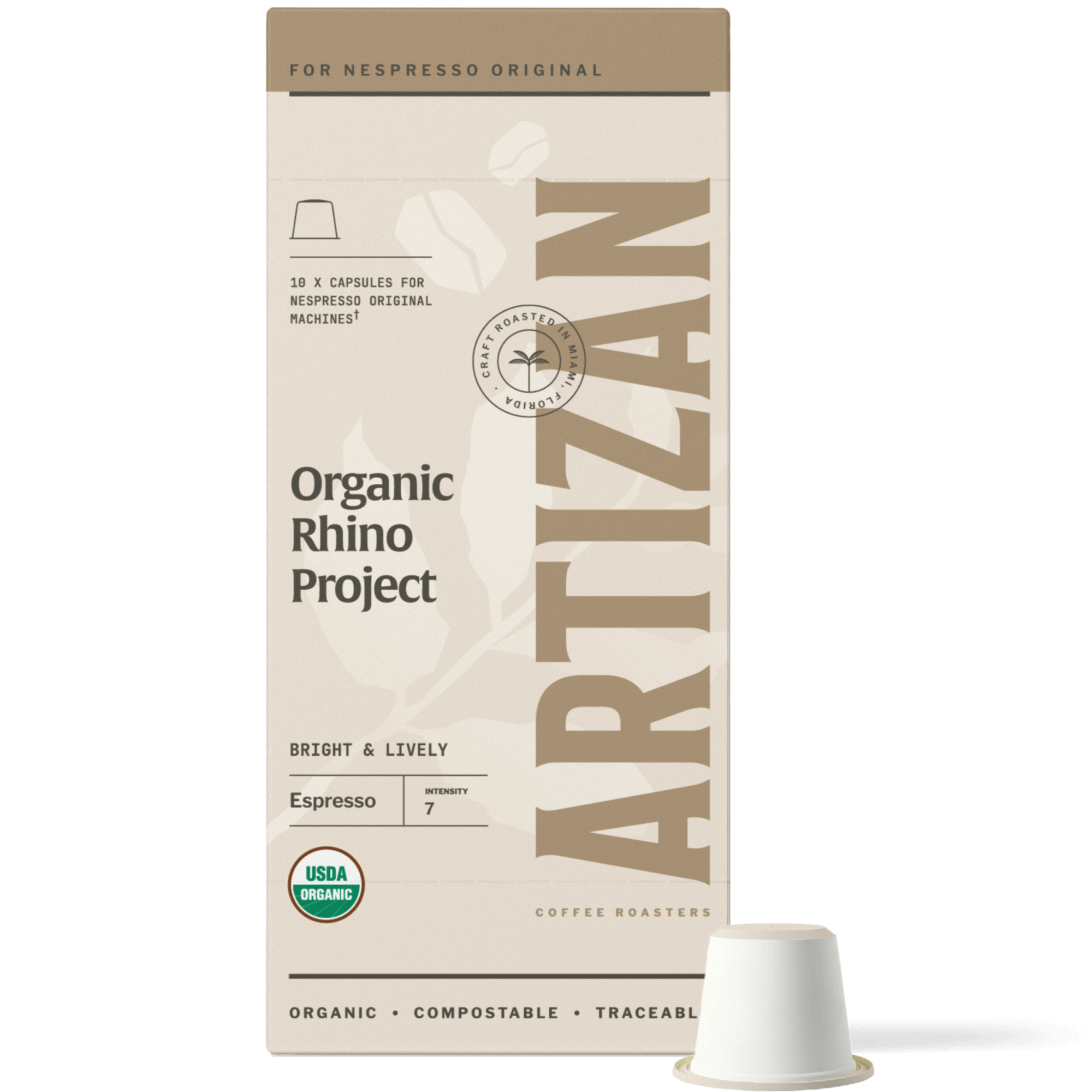 Image of Organic Rhino Project Nespresso Pods for Original Machines with Capsule Beside It.