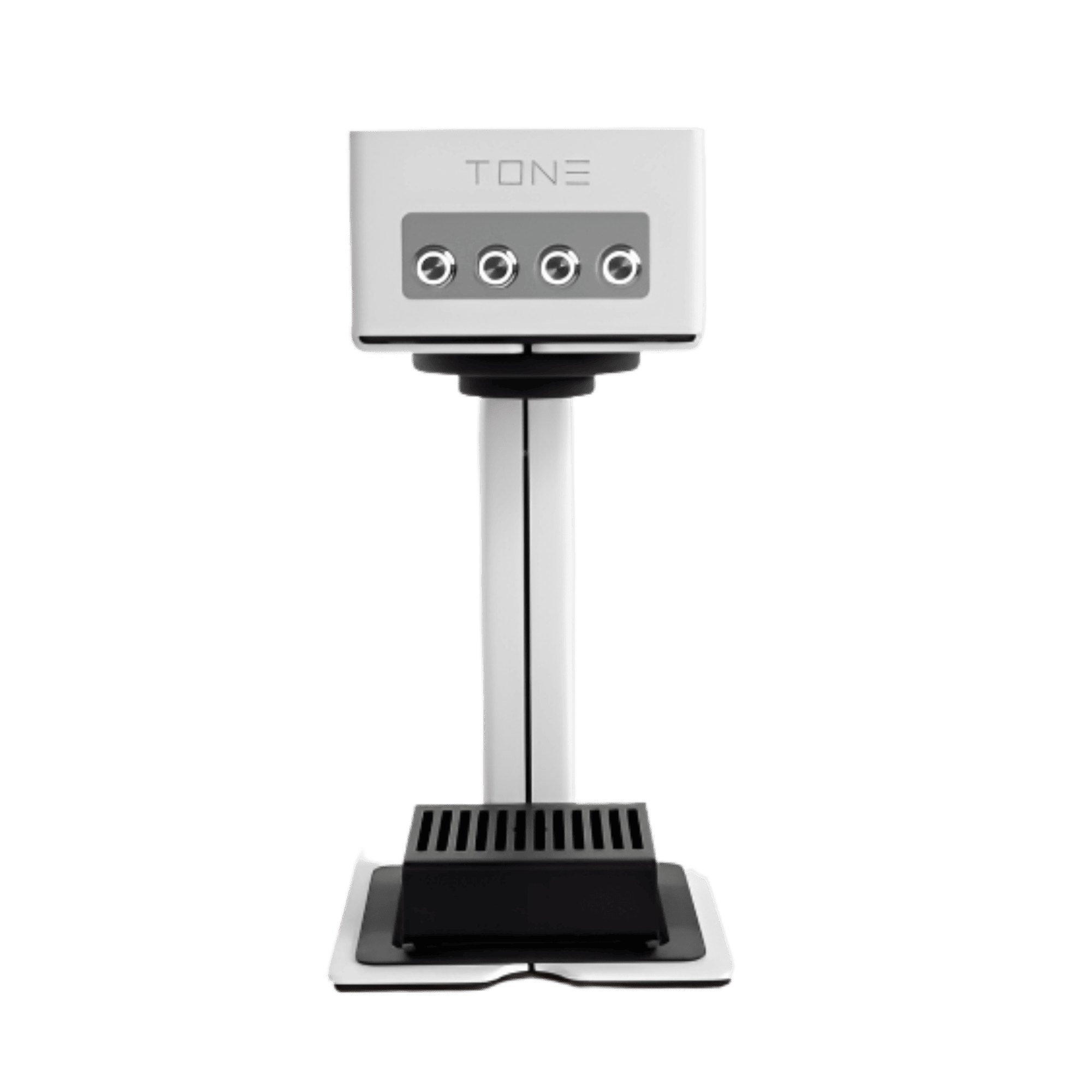 TONE Touch 03 single-serve coffee and tea brewer in all-white finish, front view featuring digital touch panel with four customizable recipe buttons, vertical brew head, and cup tray beneath.