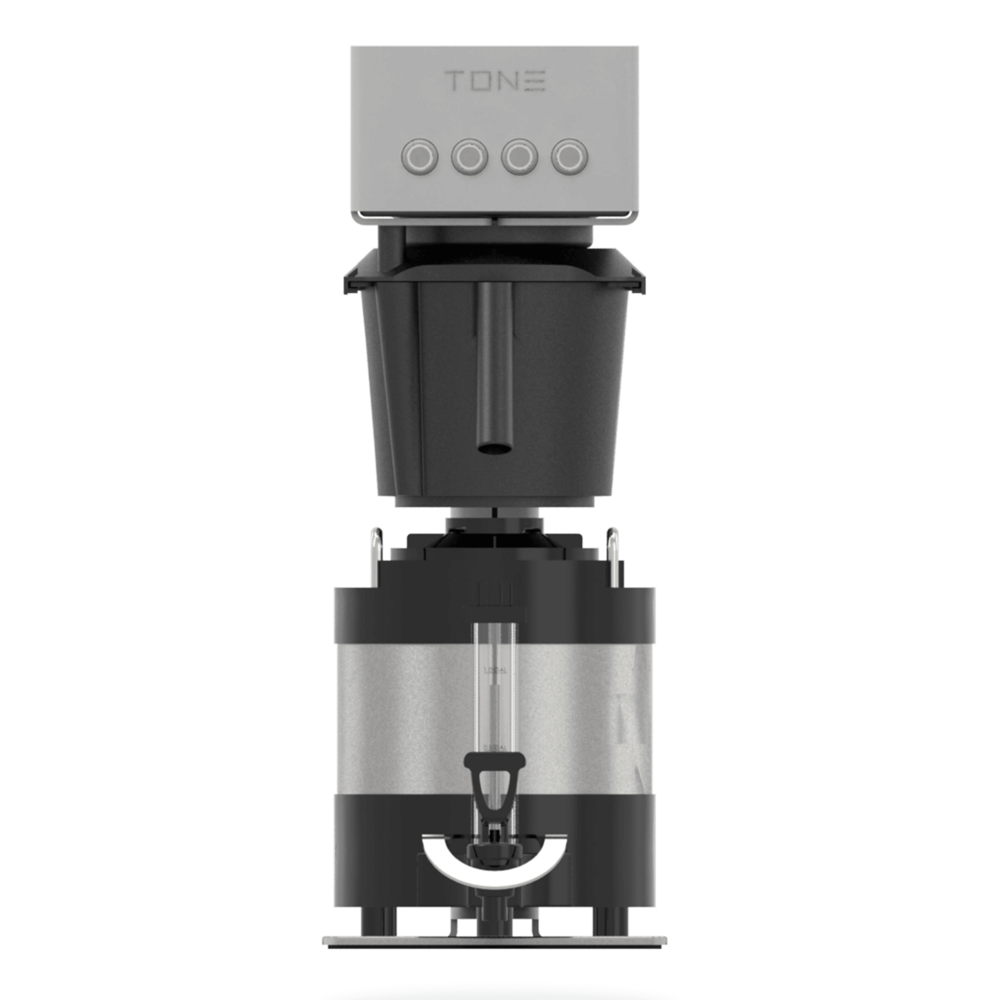 TONE Touch 04 commercial batch coffee brewer front view with four programmable recipe buttons, digital touch interface, stainless steel housing, and central pedestal design.