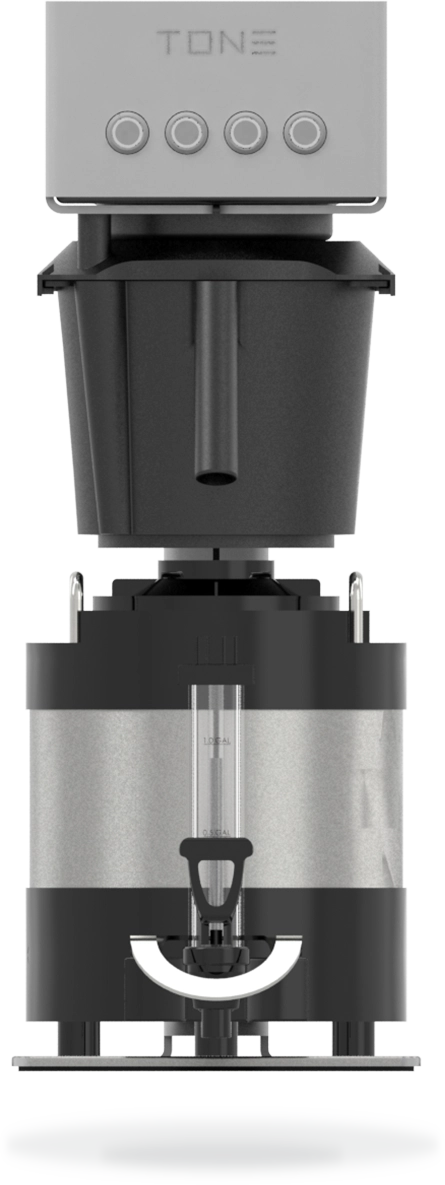 TONE Touch 04 commercial batch coffee brewer front view with four programmable recipe buttons, digital touch interface, stainless steel housing, and central pedestal design.