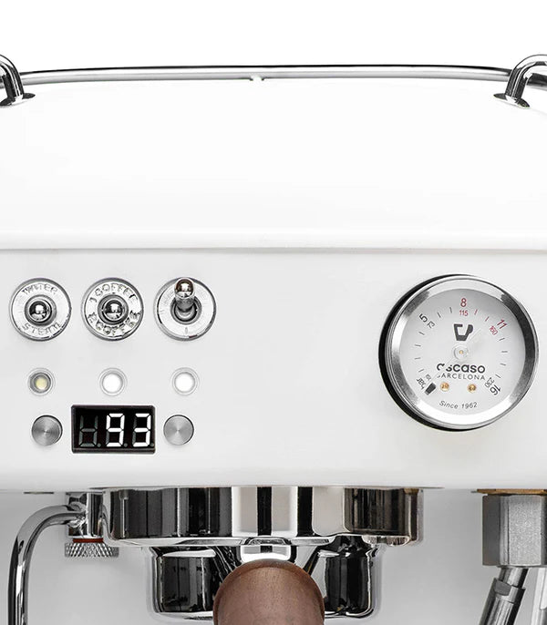 Close look of White Ascaso Dream PID Espresso Machine of its gauges and buttons
