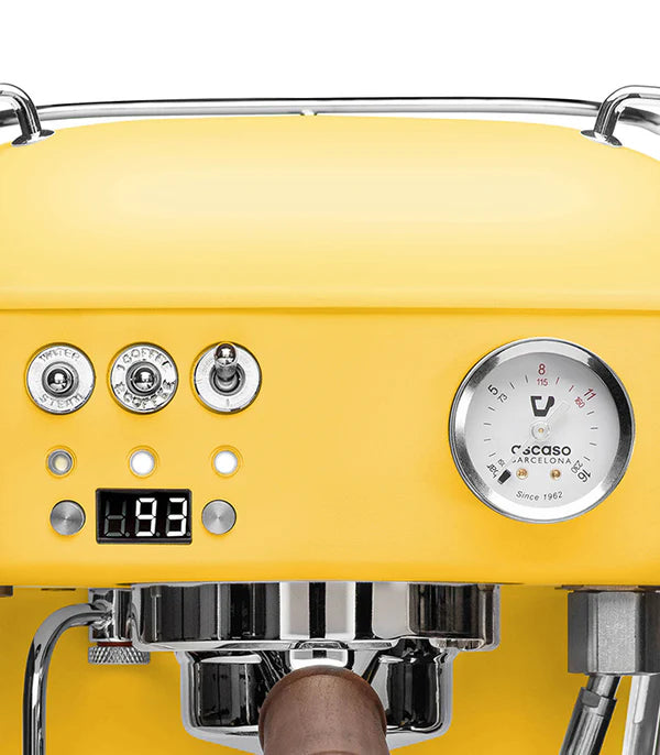 Close look of the gauges and buttons of Yellow Ascaso Dream PID Espresso Machine