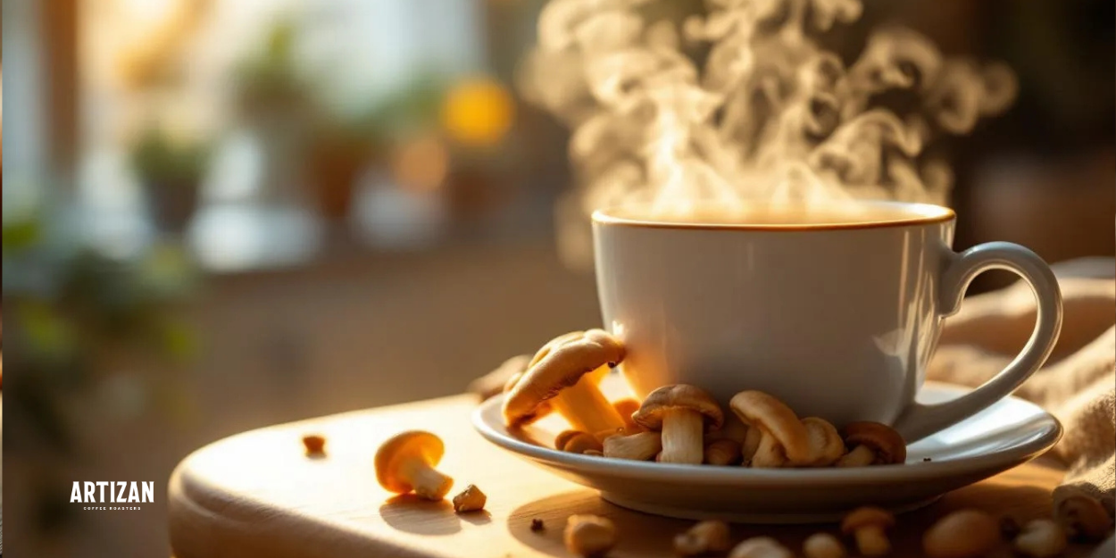A hot cup of mushroom coffee with mushrooms beside it