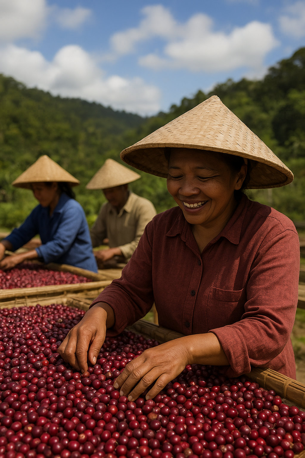 Smiling Indonesian coffee farmers wearing traditional conical hats sort freshly harvested red coffee cherries on large woven trays outdoors, with lush green hills in the background under a bright blue sky.