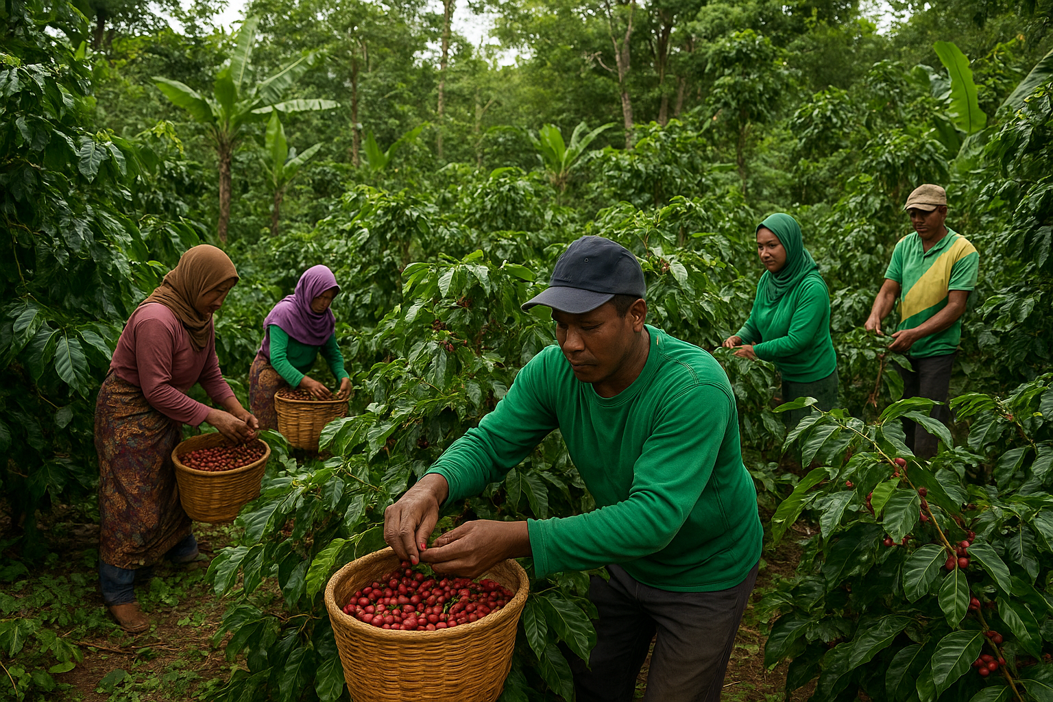 Coffee harvesters picking ripe coffee cherries in a lush tropical plantation in Indonesia, with workers wearing colorful clothing and headscarves, gathering cherries into woven baskets among green coffee plants and banana trees.