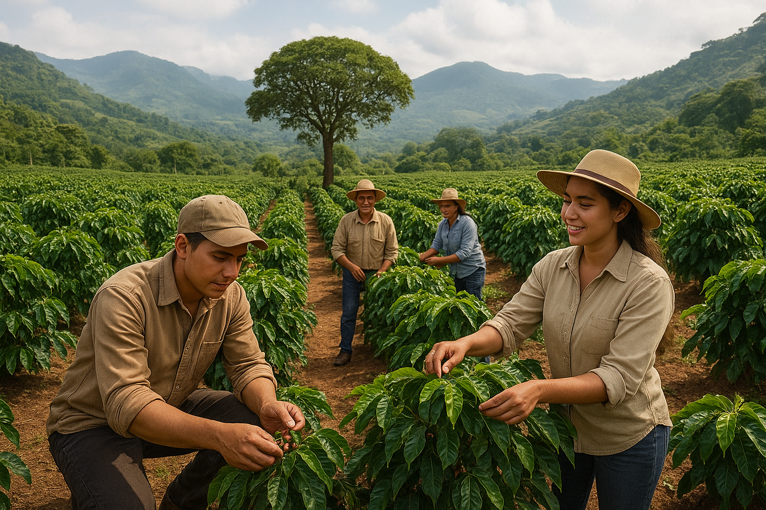 Guatemalan coffee farmers harvesting organic coffee cherries in Huehuetenango plantation, surrounded by lush green fields and mountain landscape — sustainable high-altitude coffee farming.