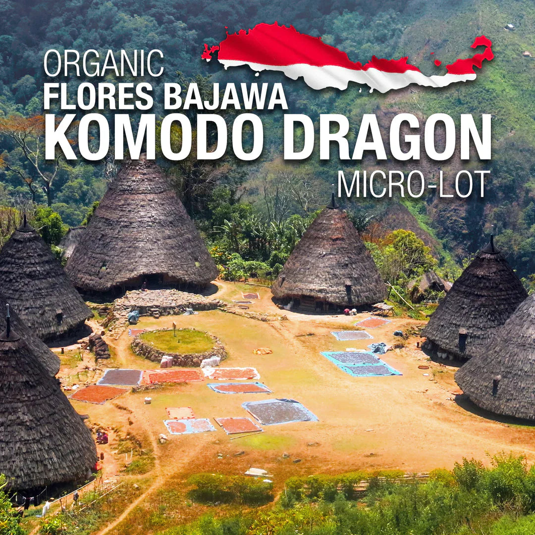 Traditional conical huts in Bajawa, Flores, Indonesia, with coffee drying on raised beds and patios, overlaid with text “Organic Flores Bajawa Komodo Dragon Micro-Lot” and an Indonesian flag graphic.