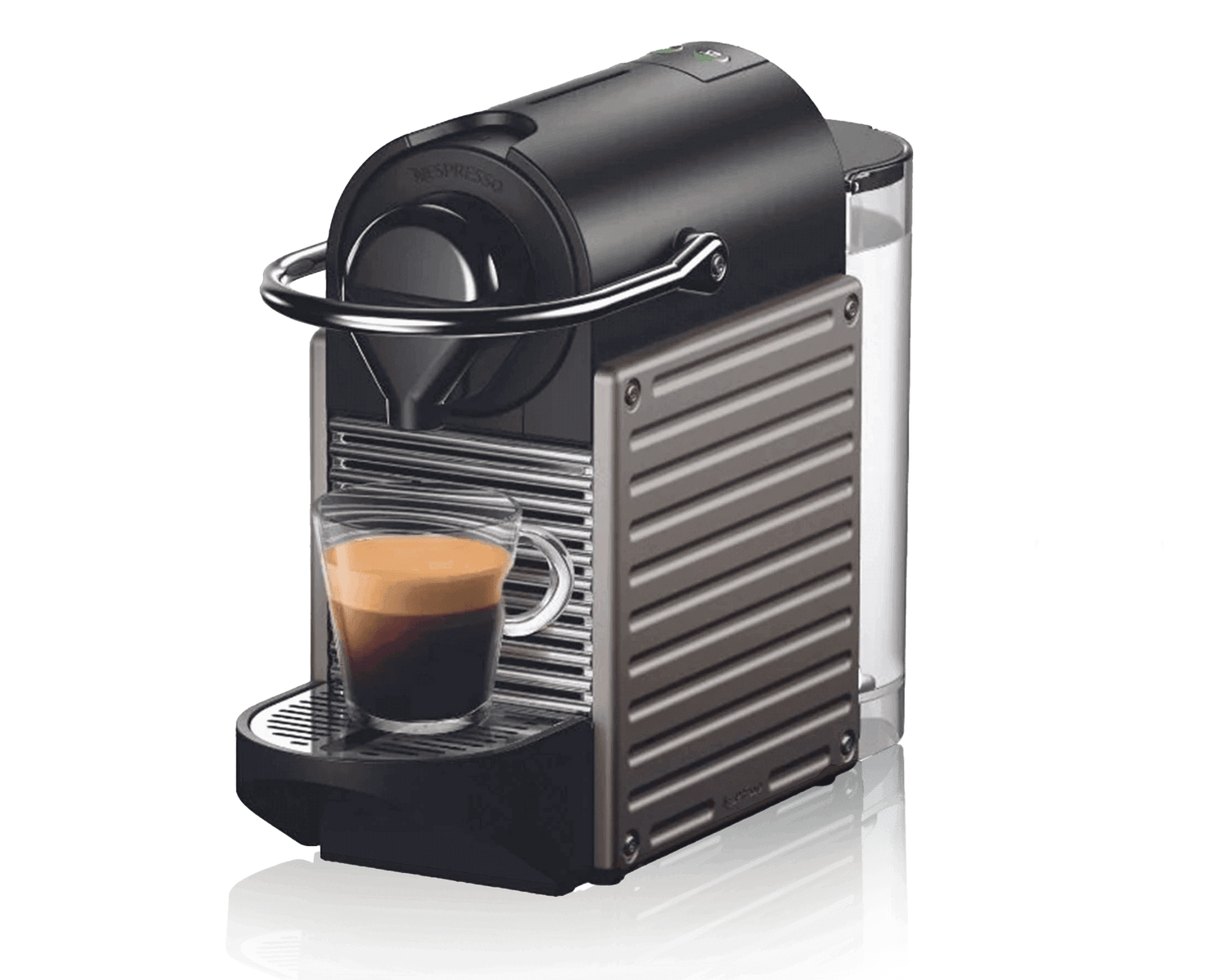 Compact stainless steel capsule espresso machine, side view, designed for single-serve home coffee brewing.