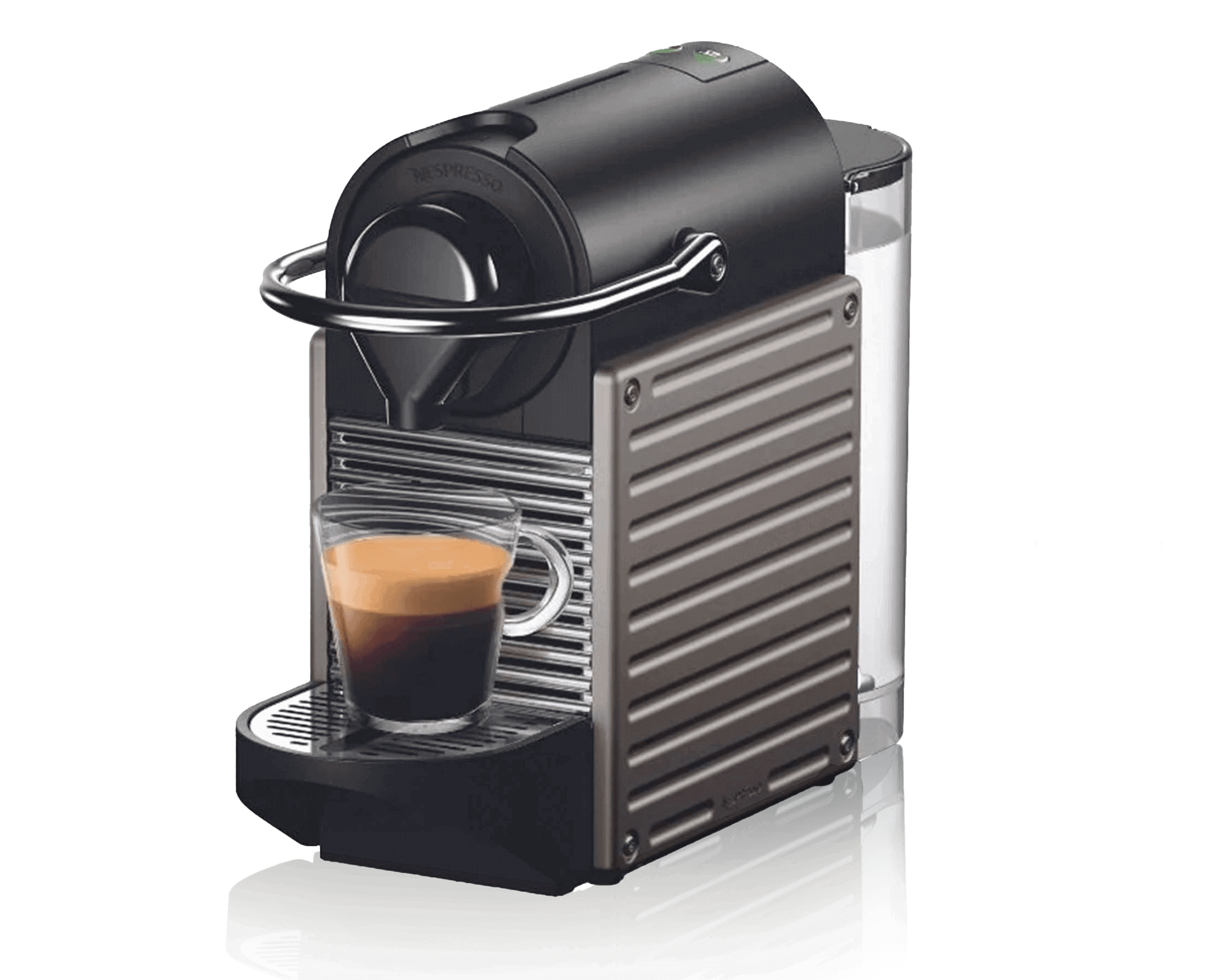 Compact stainless steel capsule espresso machine, side view, designed for single-serve home coffee brewing.