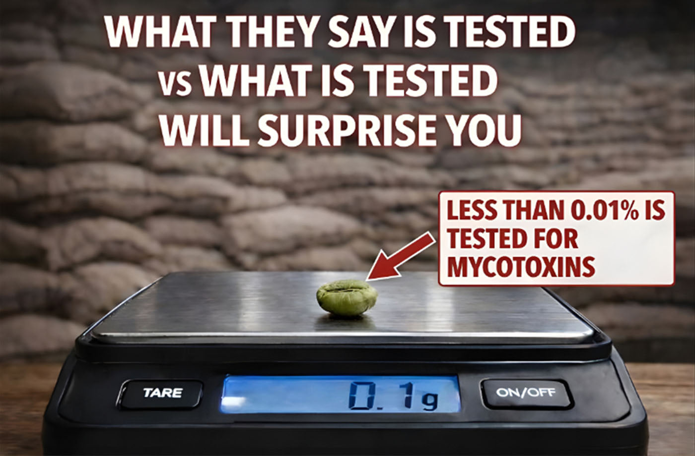 Coffee bean on a digital scale showing 0.1 grams, with burlap coffee sacks in the background and text highlighting limited mycotoxin testing in coffee.