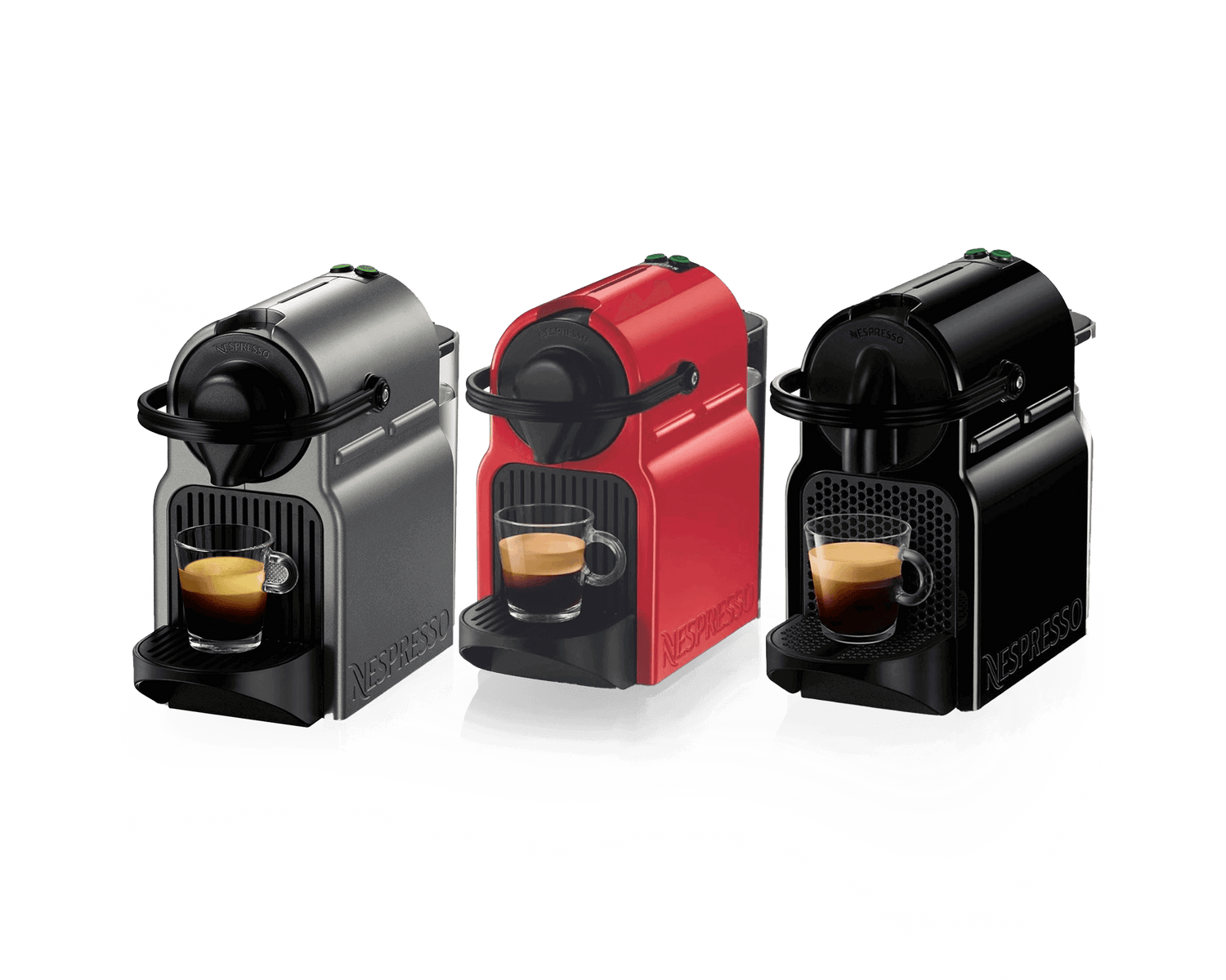 Nespresso Inissia coffee machines in grey, red, and black with espresso cups, front view.