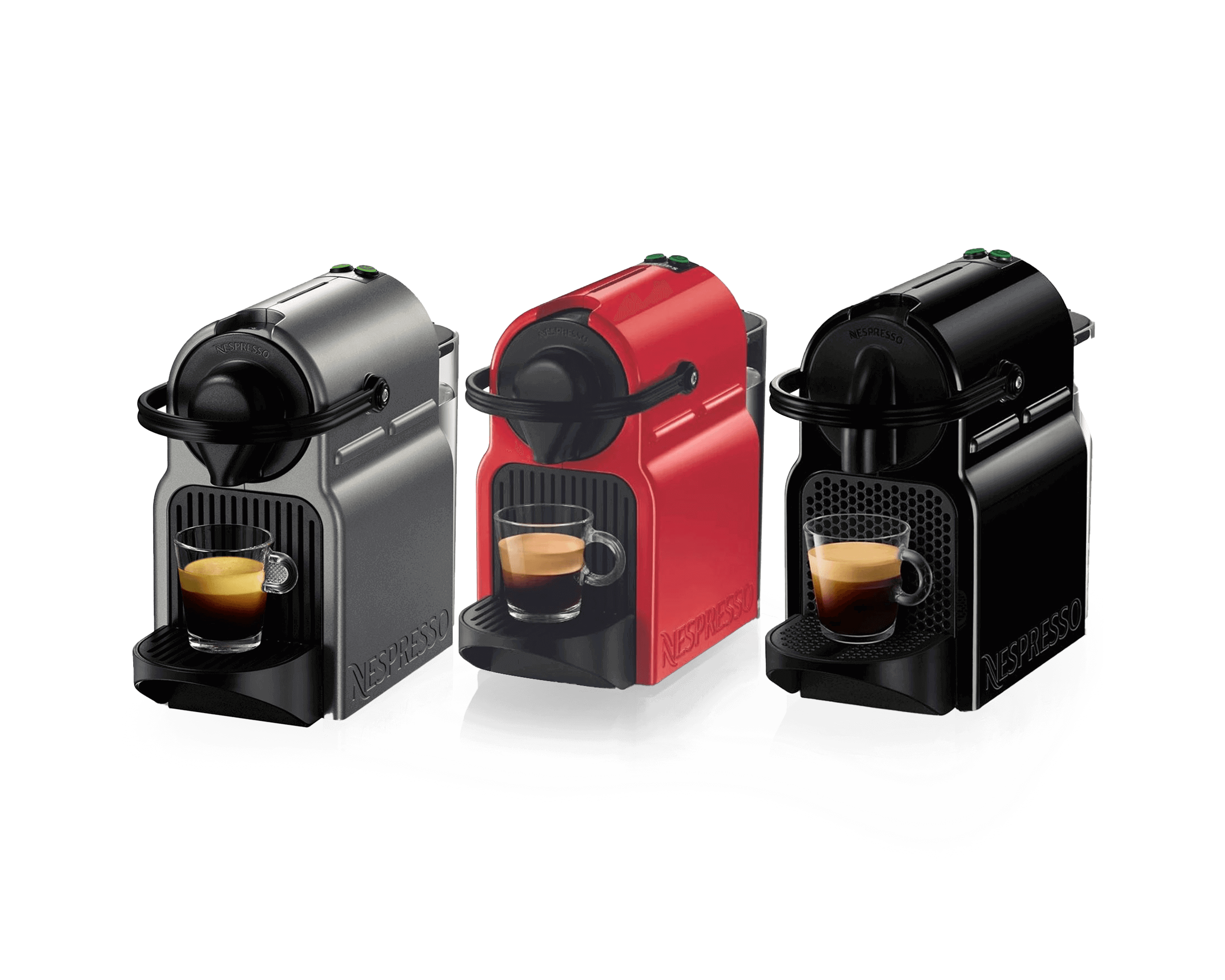 Nespresso Inissia coffee machines in grey, red, and black with espresso cups, front view.