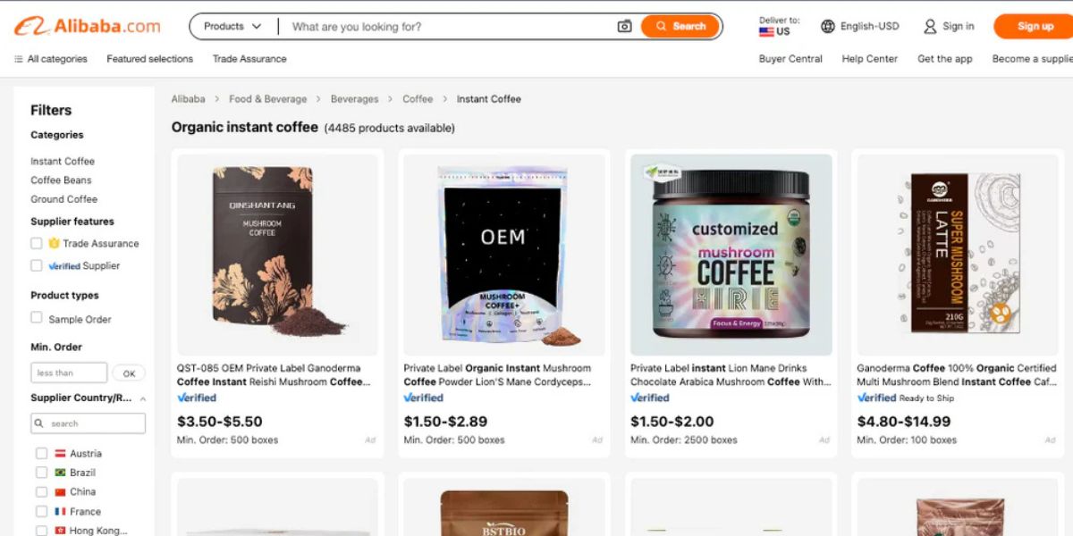 A screenshot of Alibaba - a Chinese company that sells wholesale, where other companies get their mushroom coffee from.