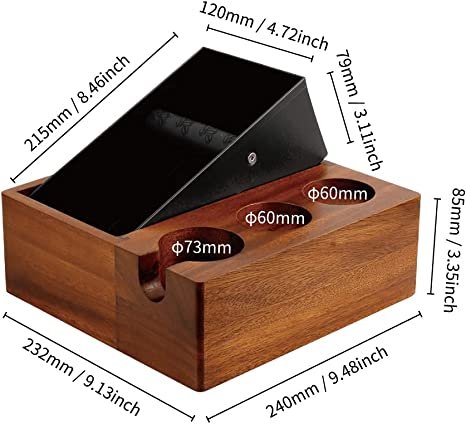 58mm espresso knock box and tamping station, angled view highlighting its dimensions