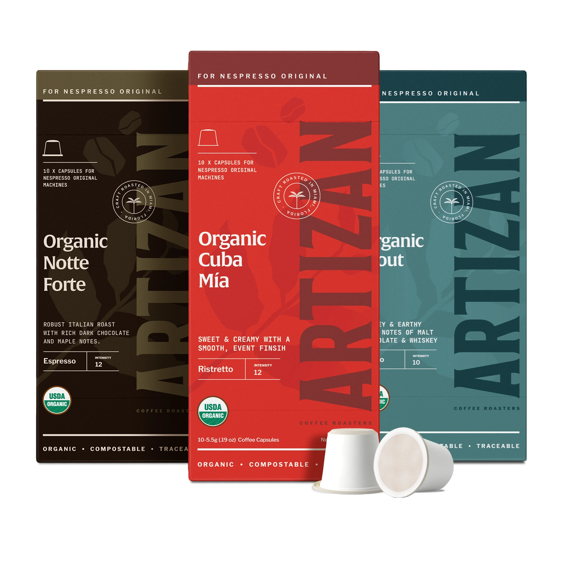 Three boxes of Artizan Organic Compostable Coffee Capsules for Nespresso Original machines: Dark roast Notte Forte, medium-dark Cuba Mía, and Stout. The packaging highlights 'USDA Organic,' 'Compostable,' and 'Traceable' features