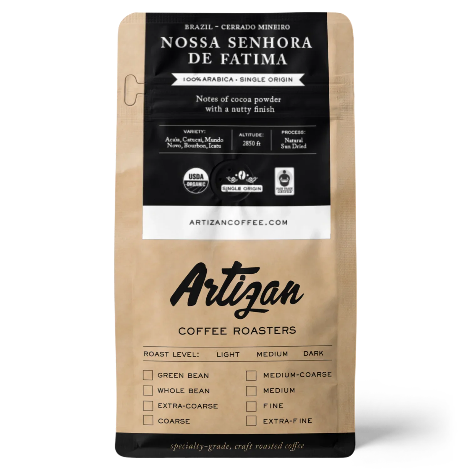Package of Artizan coffee featuring Nossa Senhora de Fatima blend, with notes of cocoa powder.