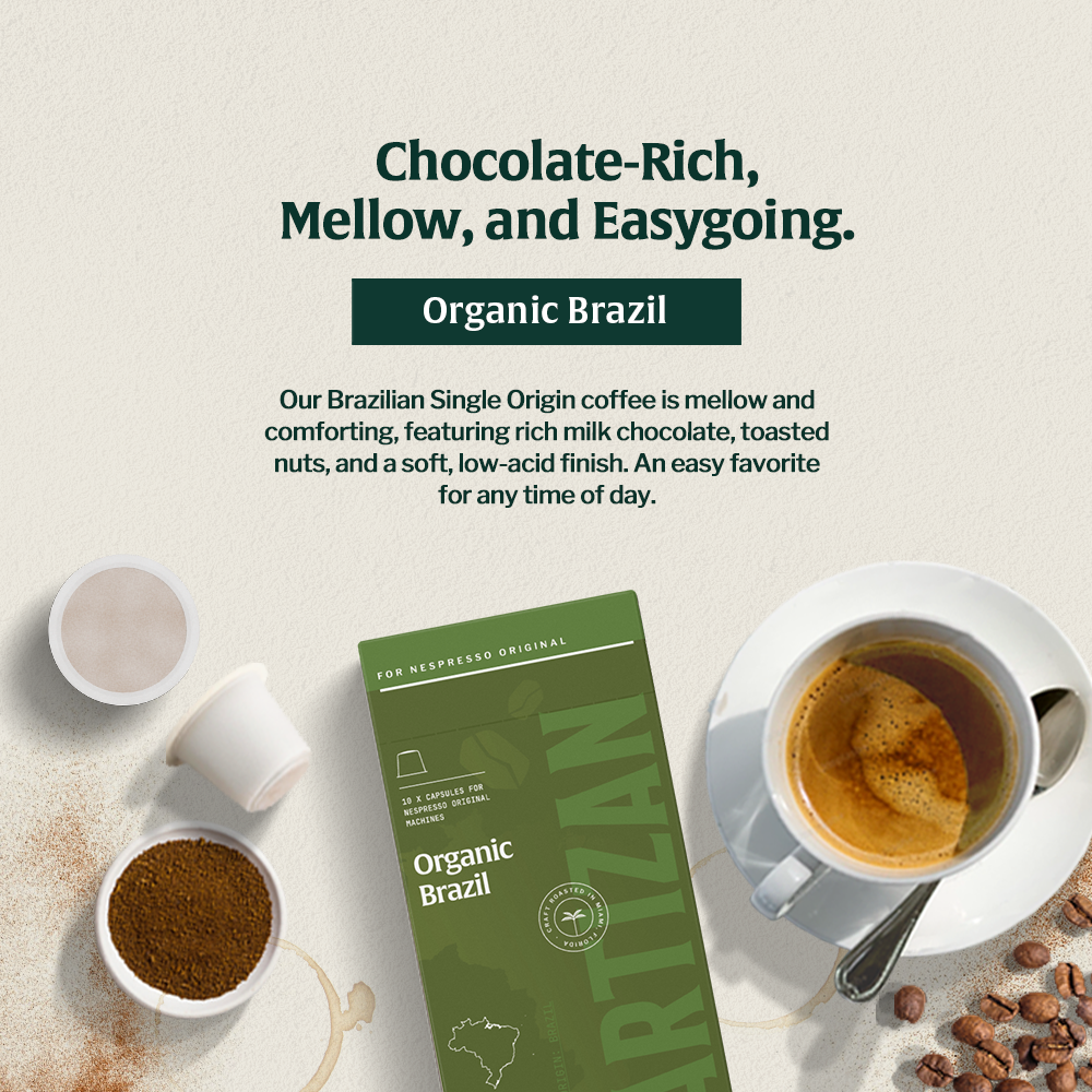 Organic Brazil Coffee – Single Origin with chocolate, toasted nuts, and smooth low-acid flavor.