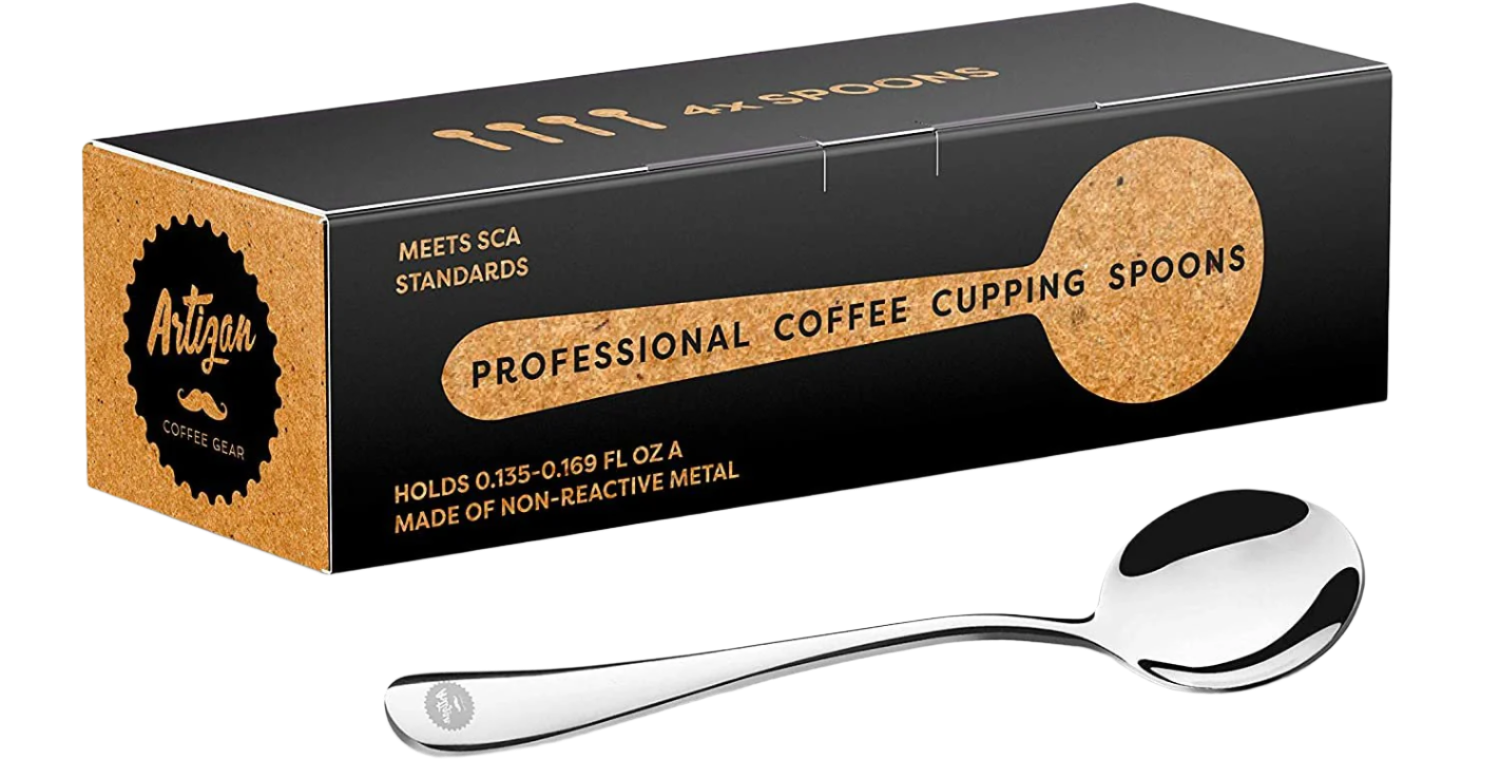 Stainless steel coffee cupping spoon by Artizan Coffee Gear, angled close-up of bowl and handle
