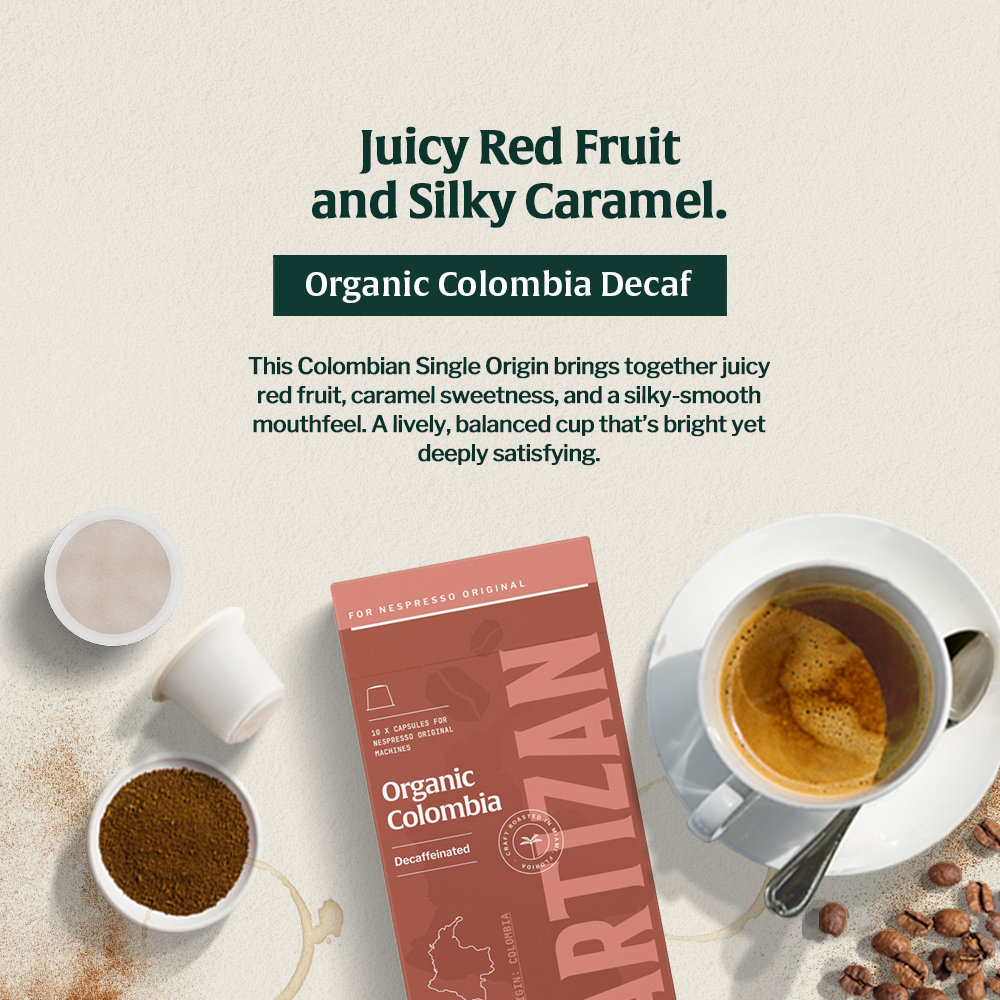 Organic Colombia Decaf Coffee – Swiss Water Process, with red fruit, caramel sweetness, and a smooth, balanced flavor.