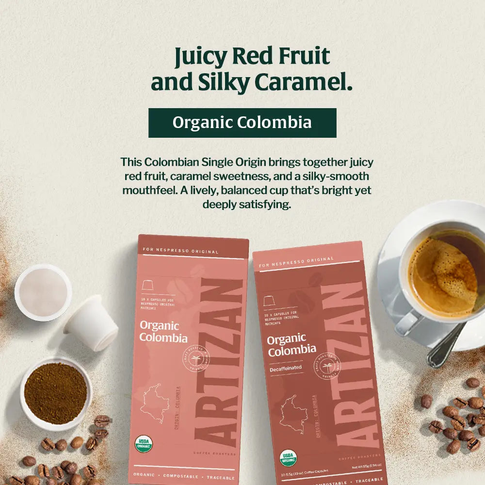 Artizan Coffee’s Organic Colombia pods beside espresso, featuring juicy red fruit, caramel sweetness, and smooth, balanced flavor.