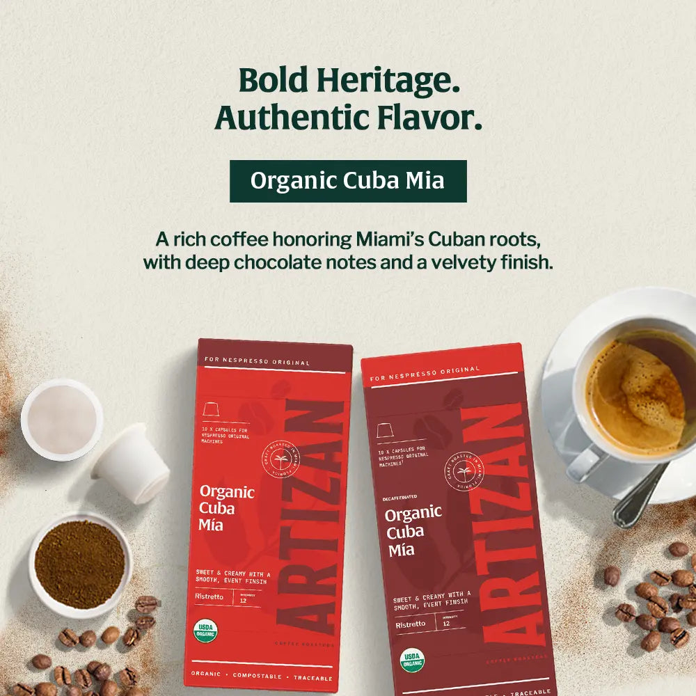 Artizan Coffee’s Organic Cuba Mia pods with espresso and beans, honoring Miami’s Cuban roots with deep chocolate notes and a velvety finish.