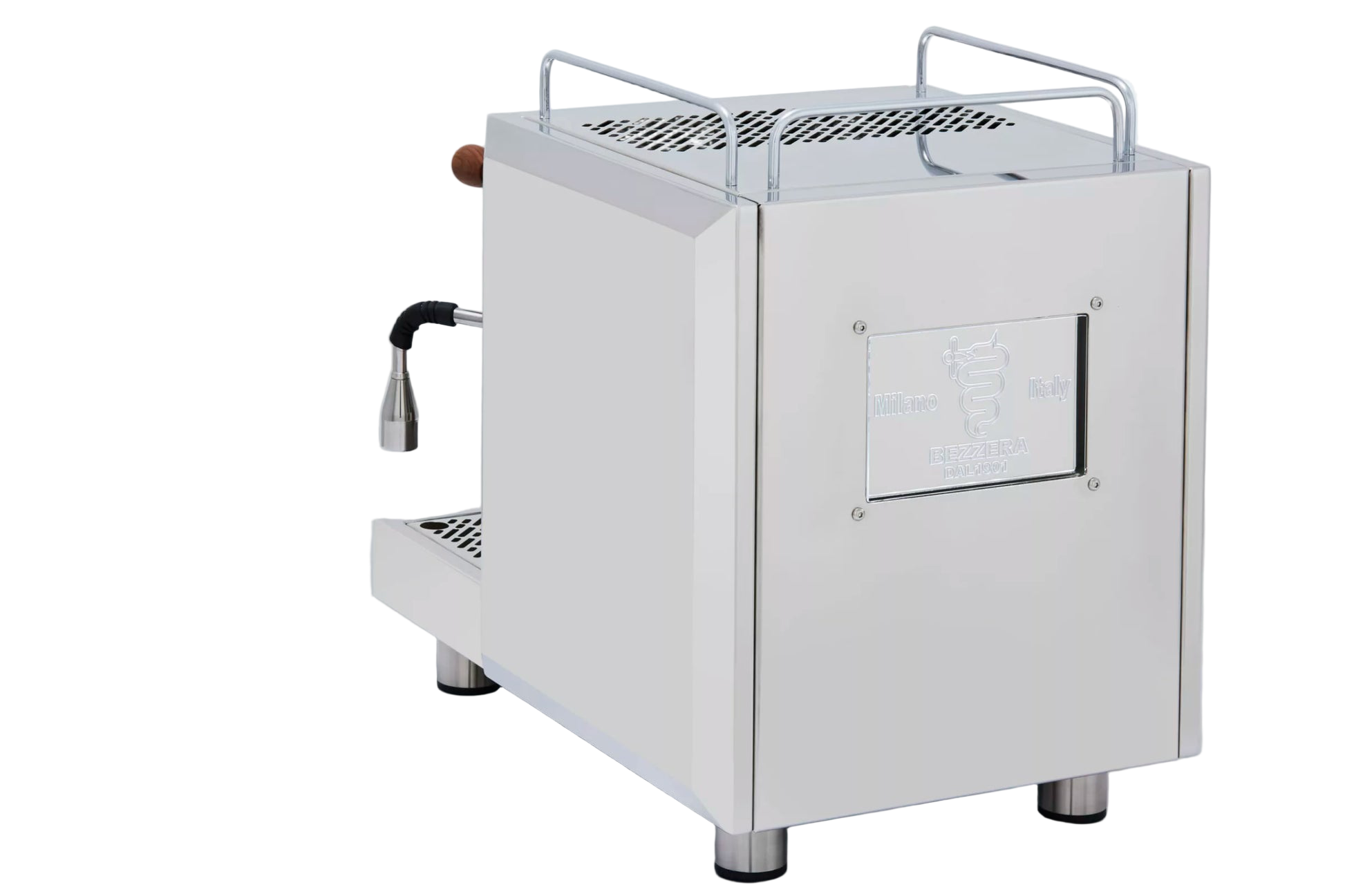 Rear view of Bezzera Duo DE espresso machine showing back panel and silver design.