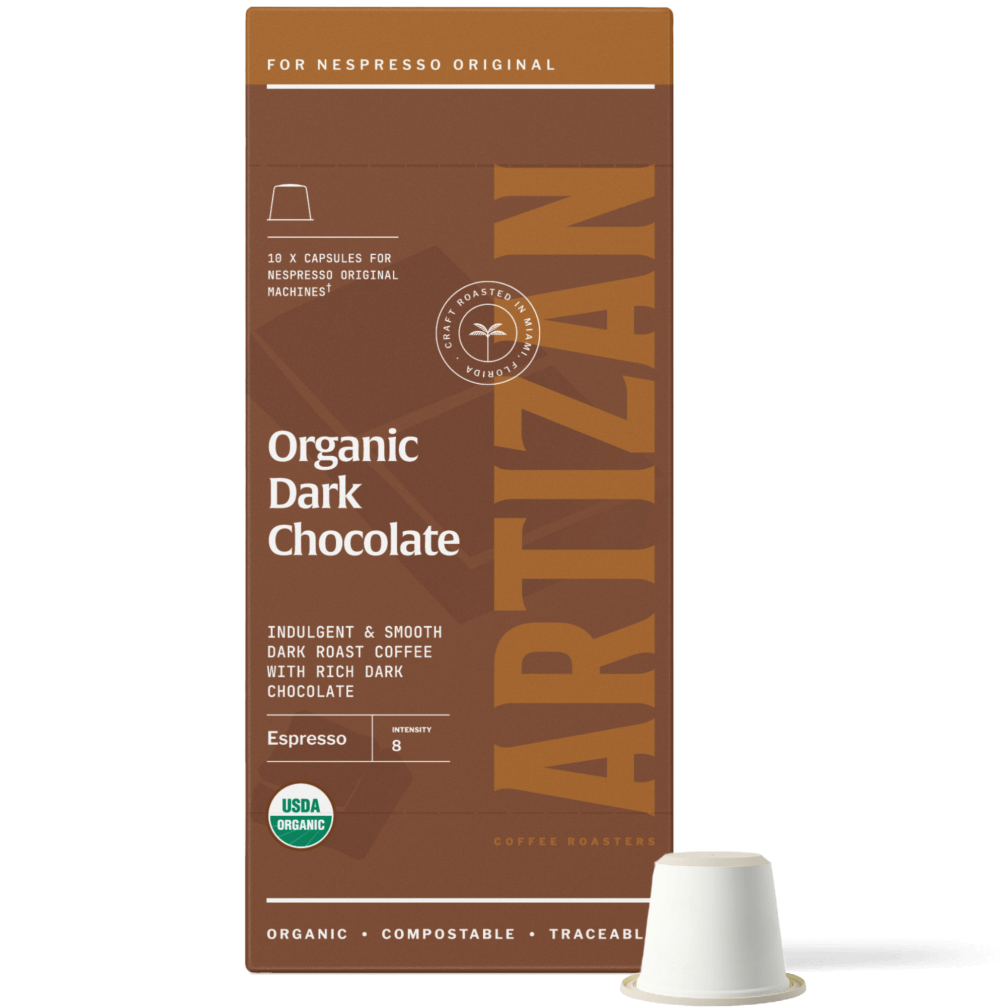 Image of Organic Dark Chocolate Nespresso Pods for Original Machines with Capsule Beside It. 