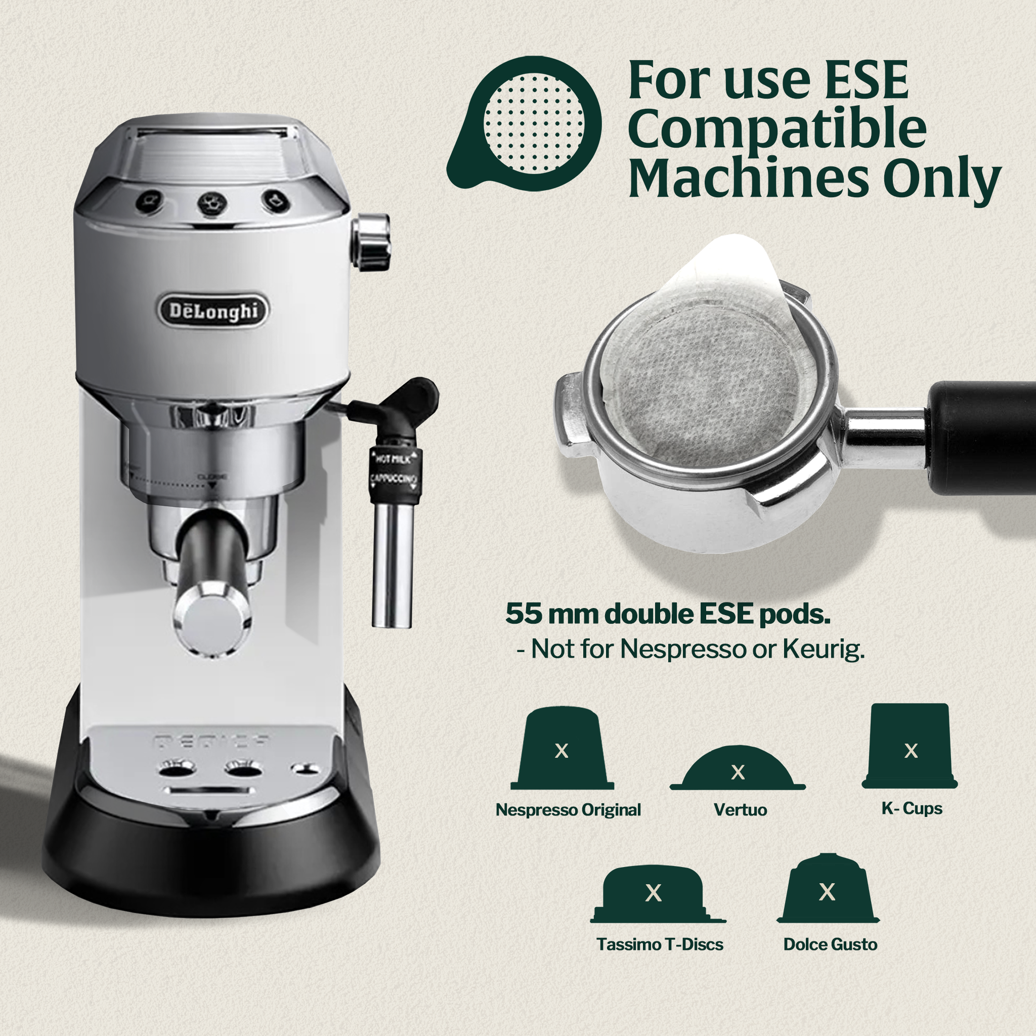 Espresso machine with a note about ESE compatible pods and usage restrictions.