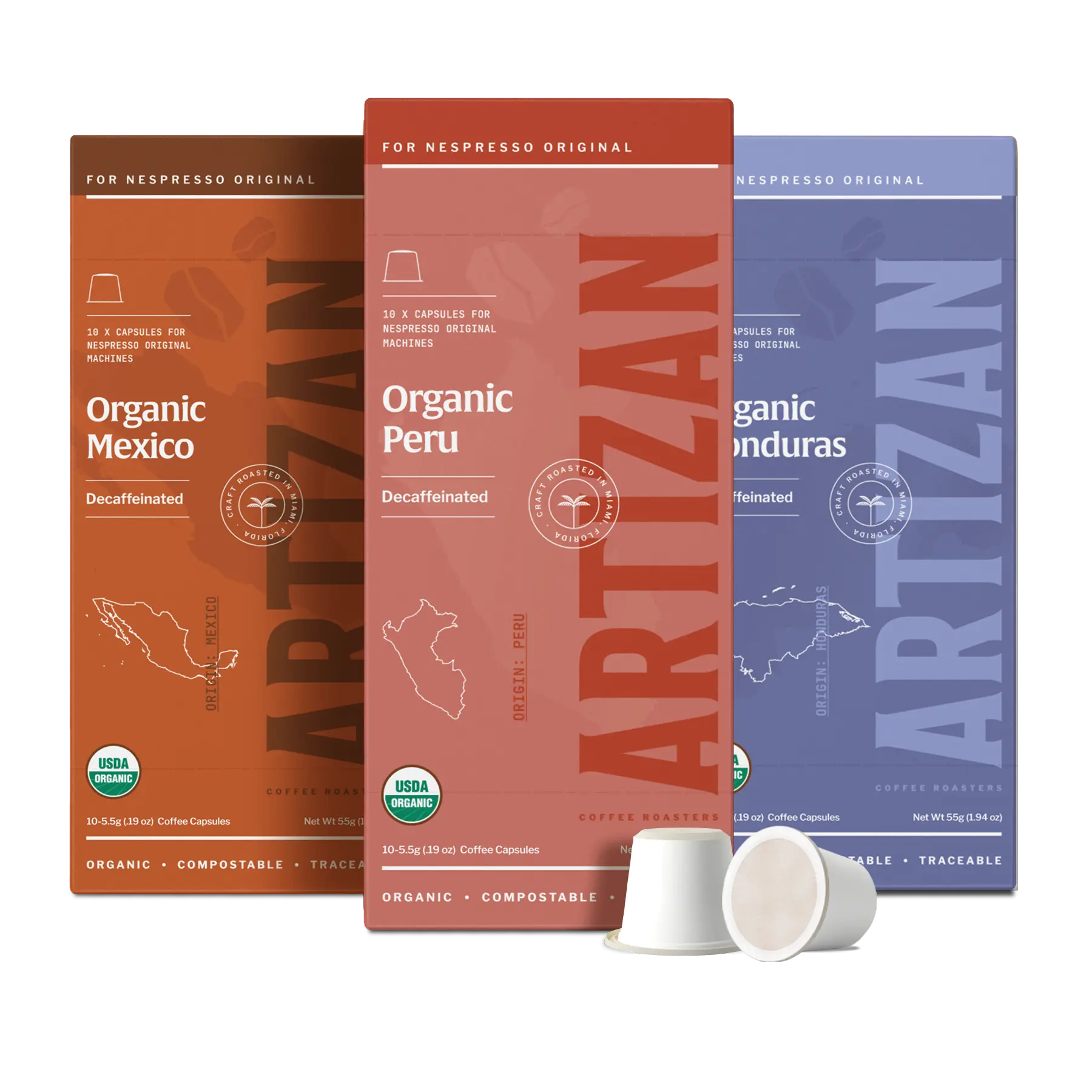 Artizan Organic Compostable Decaffeinated Nespresso Compatible Pods (Mexico, Peru, Honduras).