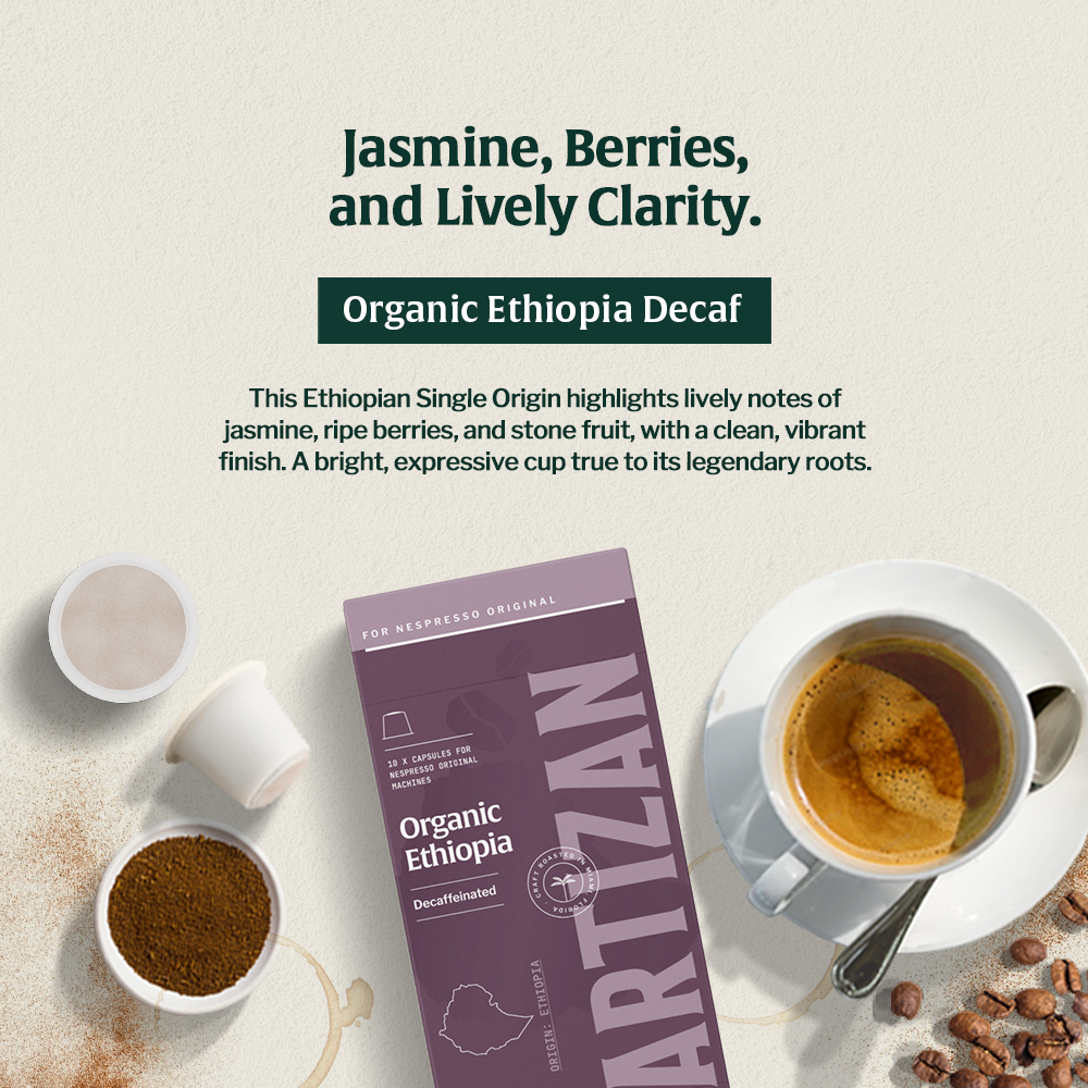 Organic Ethiopia Decaf Coffee – Swiss Water processed with jasmine, berries, and stone fruit flavors, bright and vibrant finish.