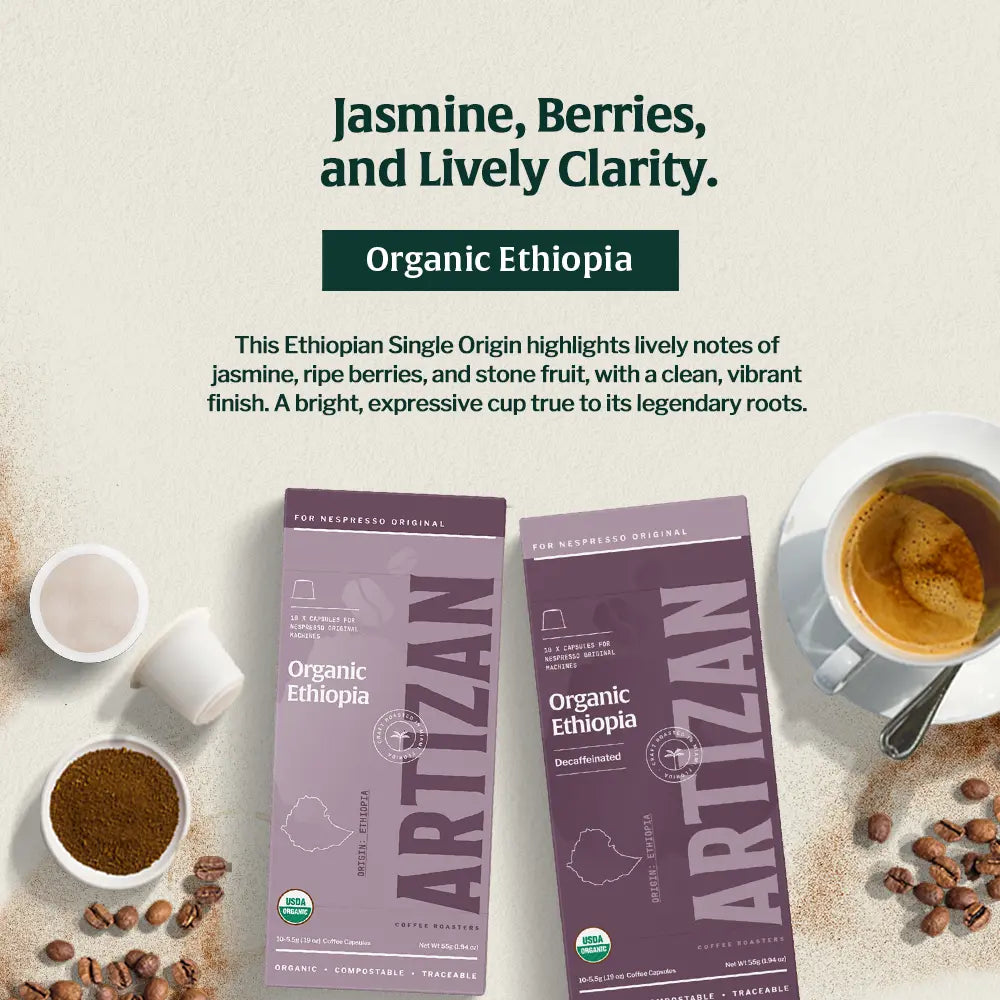Artizan Coffee’s Organic Ethiopia pods with espresso, highlighting lively notes of jasmine, ripe berries, and vibrant fruit.