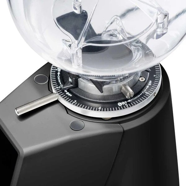 A closer look at the top part of black variant of Fiorenzato F4 EVO On Demand Espresso Grinder