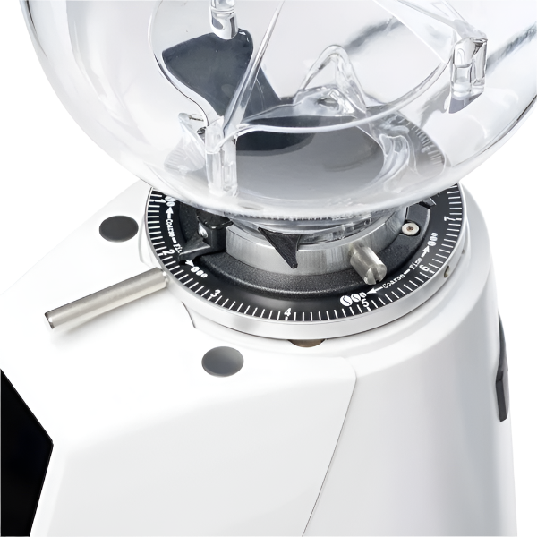 A closer look on the top part of white variant  Fiorenzato F4 EVO On Demand Espresso Grinder