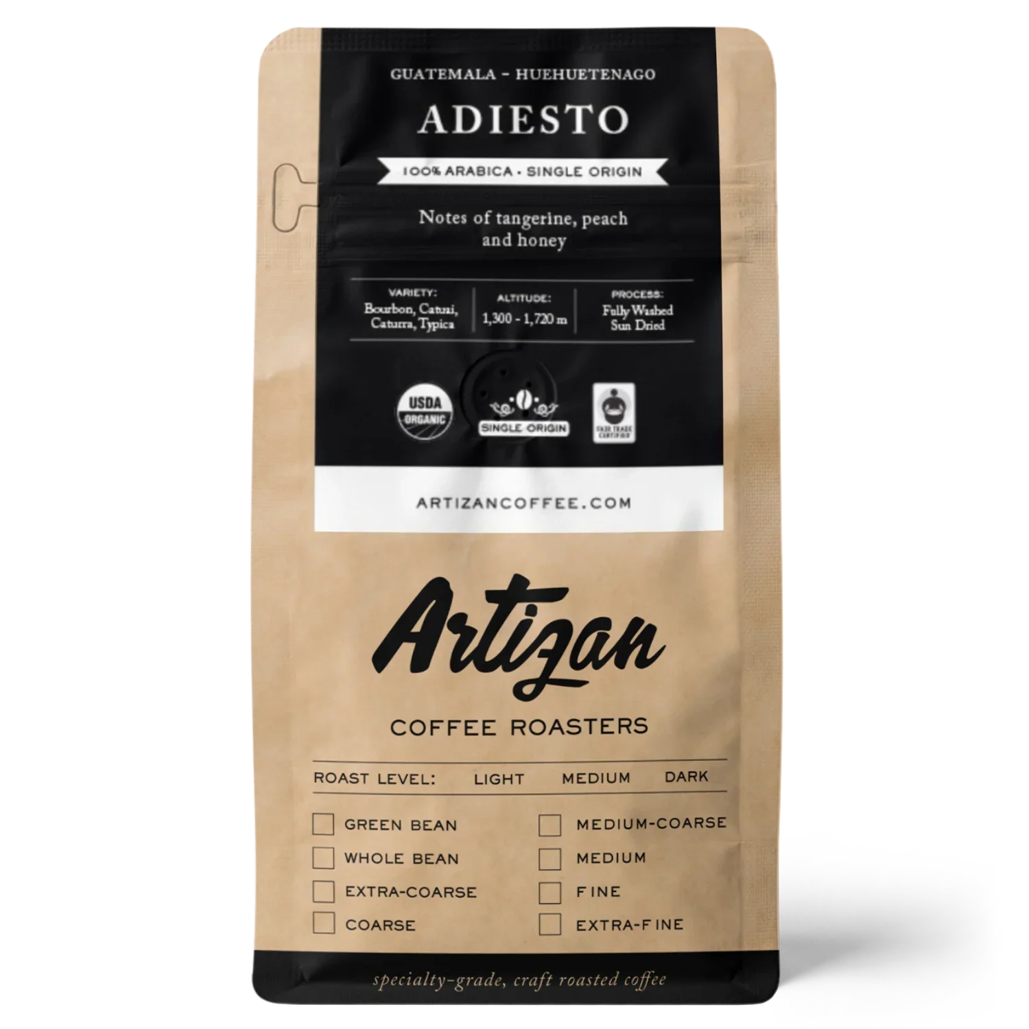 Bag of Artizan Coffee Roasters Adiesto coffee, showcasing notes of tangerine, peach, and honey.
