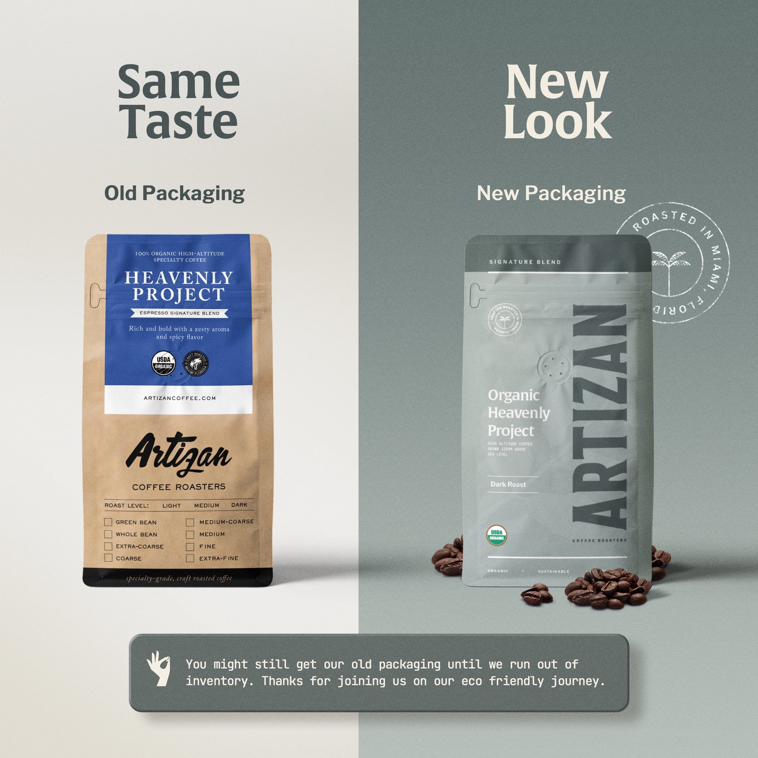 Image of the Old and New Packaging of Organic Heavenly Project Whole Bean and Ground Coffee.