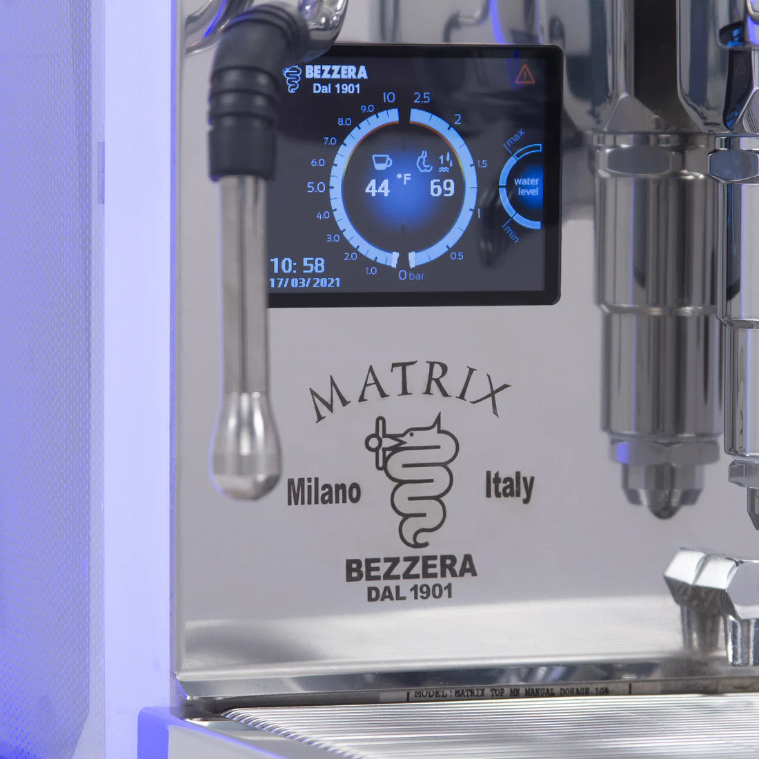 Close-up of Bezzera Matrix MN espresso machine screen display showing the Bezzera logo.