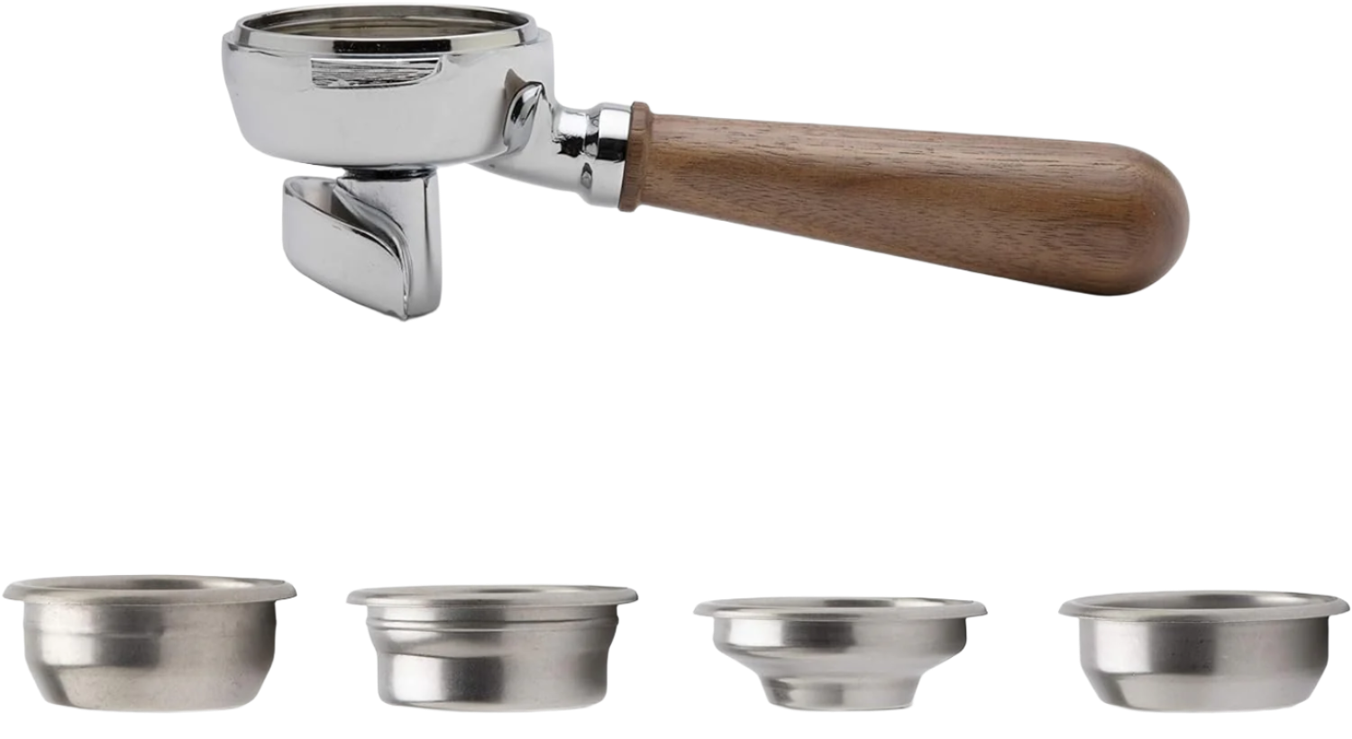 Lelit 2-Way FilterHolder, Walnut Wooden Handle with different kinds of basket