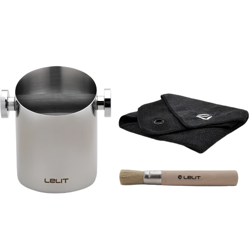 Stainless steel Lelit cylindrical knock box shown with brush, and microfiber cloth