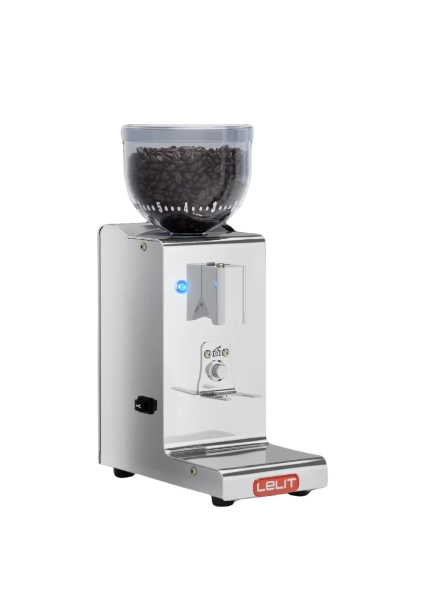 Angled Front image of Lelit Fred Polished Stainless Steel Coffee Grinder