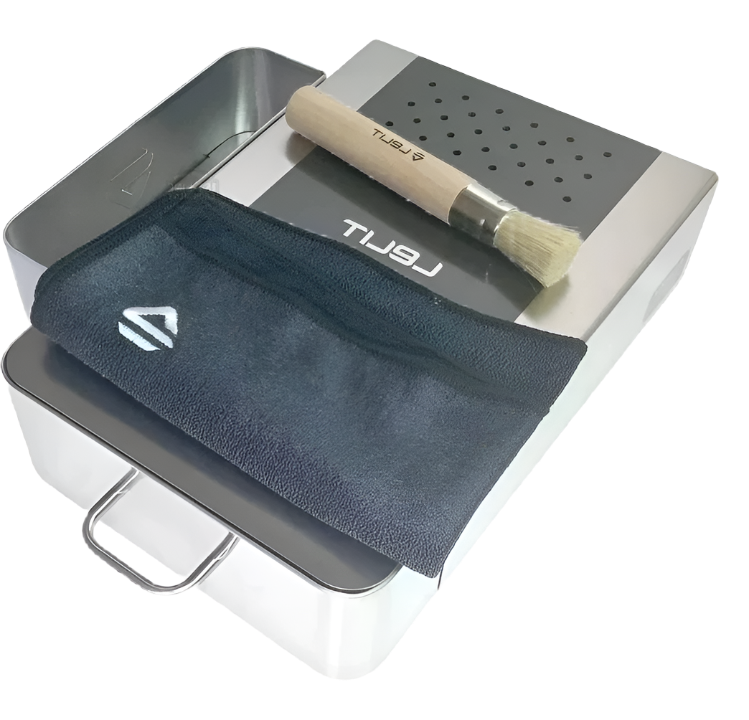 Lelit Knock Box Drawer different angled view with brush and microfiber cloth on top