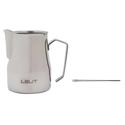 Lelit Milk Jug with Latte Art Pen on its side