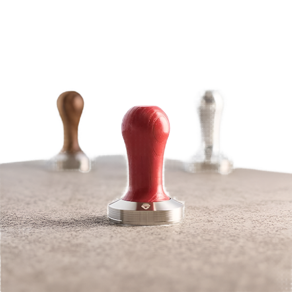 Lelit Red Wood Tamper in front of 2 different tamper