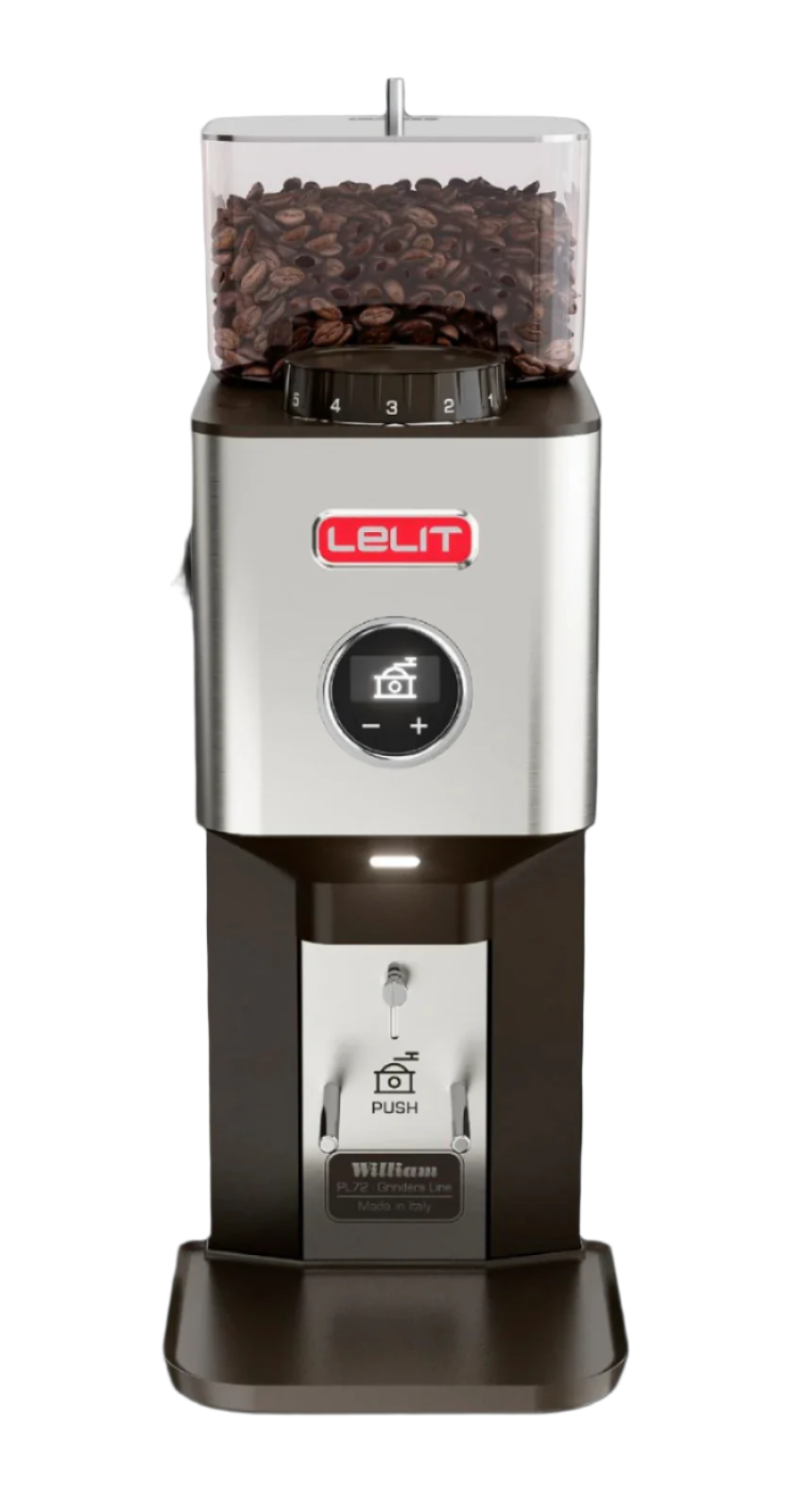 Front image of Lelit William Brushed Stainless Steel Coffee Grinder (PL72)