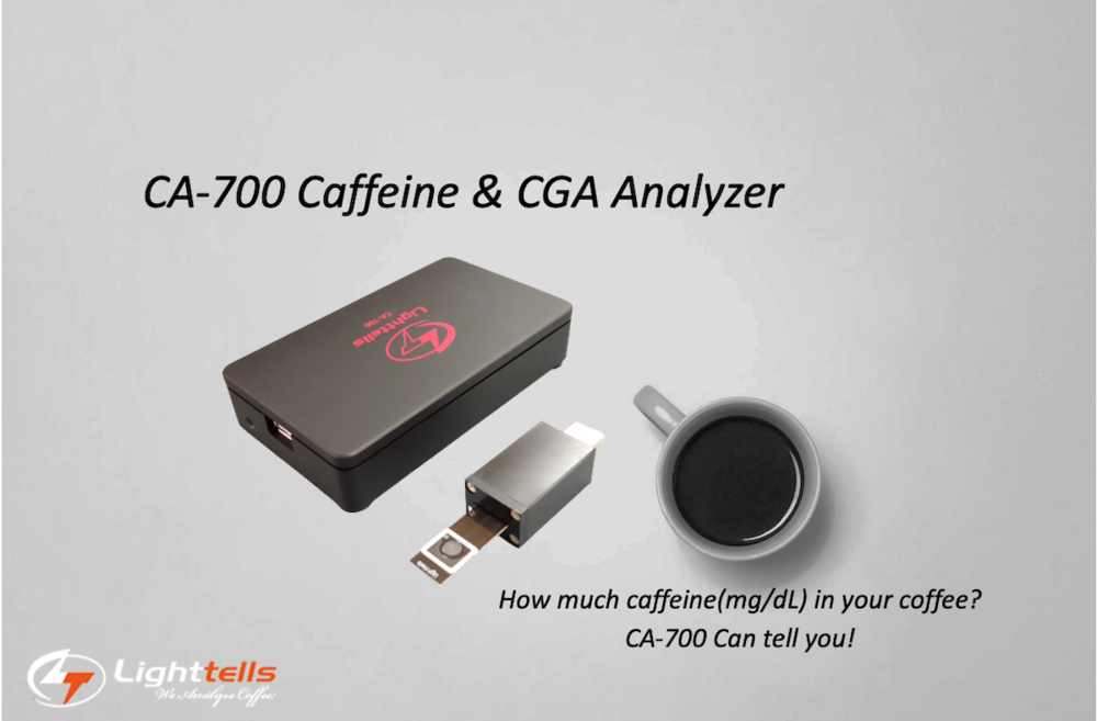 An image of CA-700 caffeine & CGA analyzer with a cup of coffee saying "how much caffeine(mg/dl) in your coffee? CA-700 Can tell you"