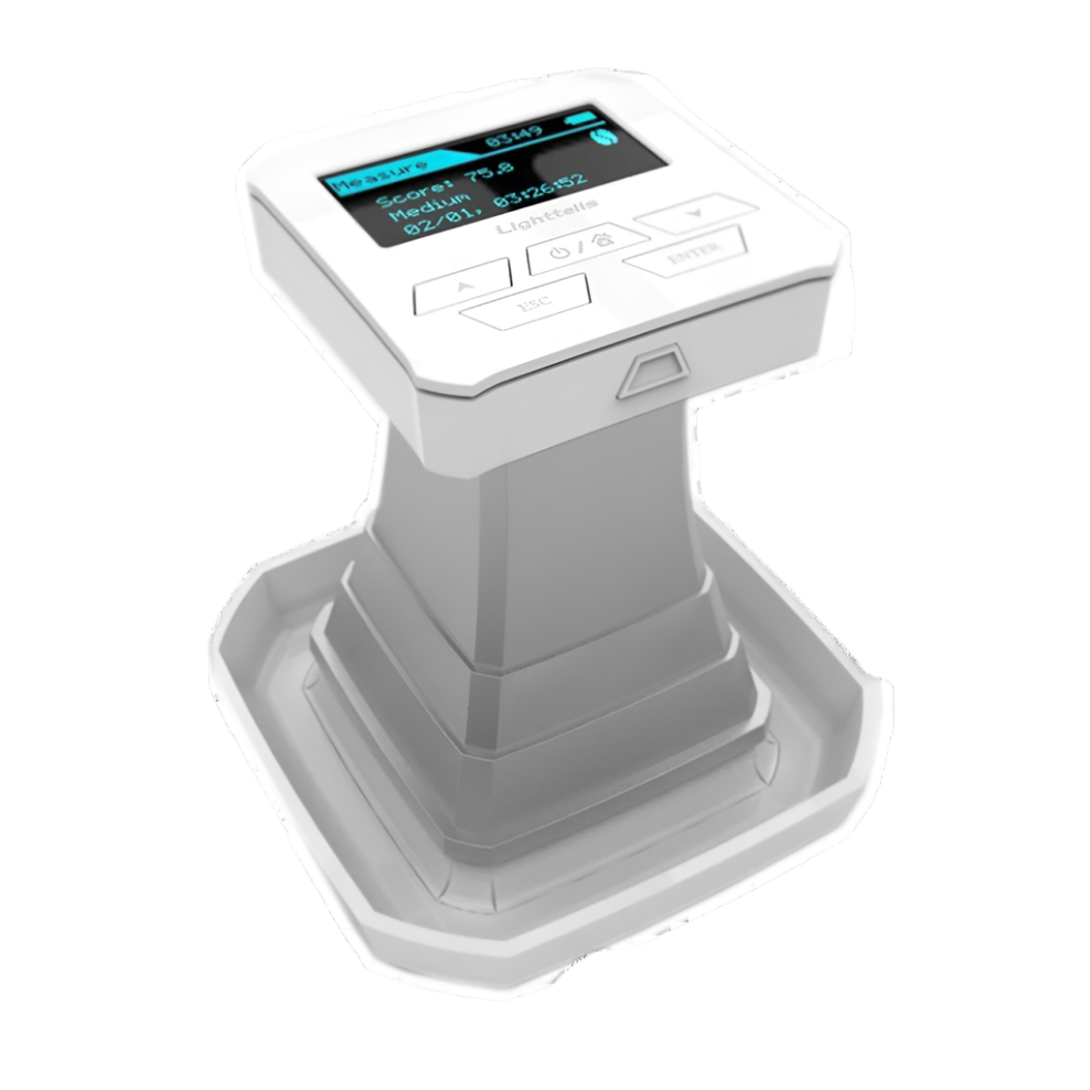 Lighttells CM-100 Coffee Roast Degree and Grind Size Analyzer with built-in LCD screen and bean chamber, angled view.