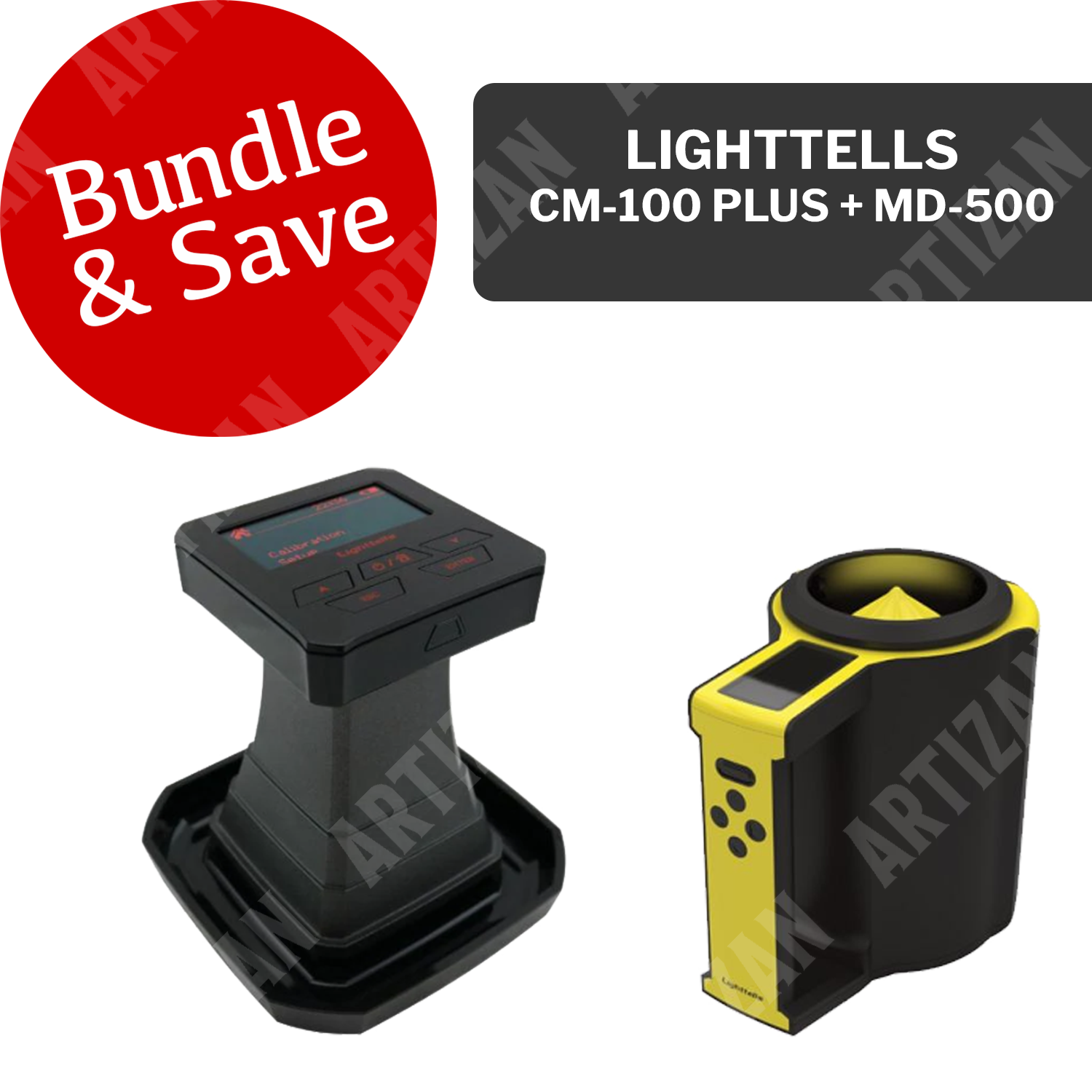 Lighttells CM-100 Plus and MD-500 coffee analyzer bundle – roast degree, grind size, moisture, and density testing devices, side by side.