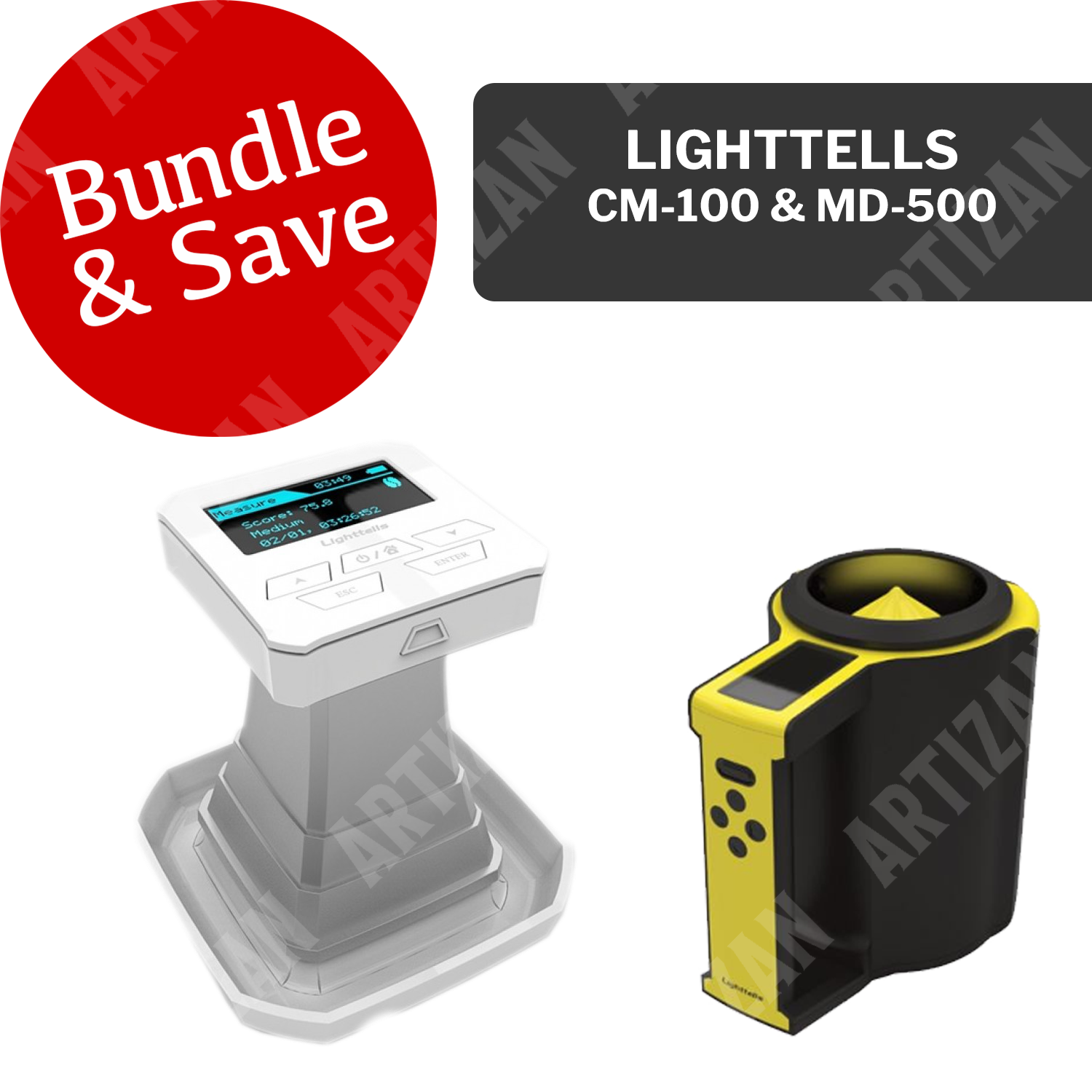 Lighttells CM-100 and MD-500 coffee analyzer bundle – roast degree analyzer and moisture density tester displayed together.