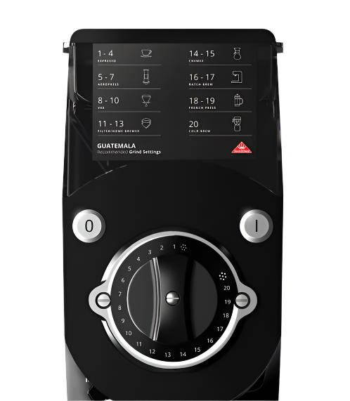 Close-up front image of Mahlkonig Guatemala Coffee Shop Grinder Black showing its display panel