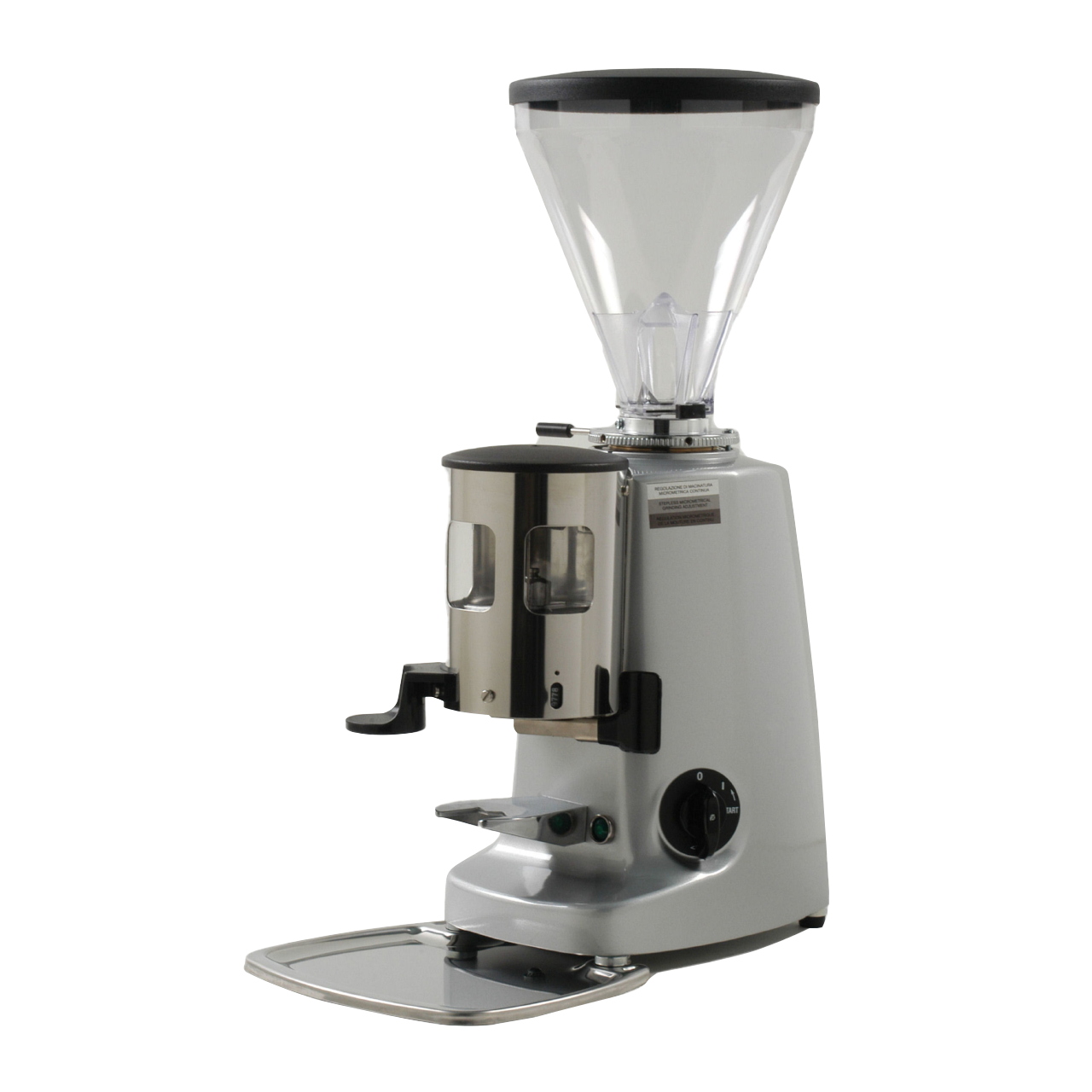 A silver Mazzer Super Jolly automatic coffee grinder for commercial or home espresso use. This electric grinder features a large clear plastic bean hopper, a ground coffee doser chamber with a side-mounted lever, and a metallic base with an integrated catch tray. It uses 64mm flat burrs for consistent grinding and offers a stepless micrometrical adjustment system for precise control over grind size.