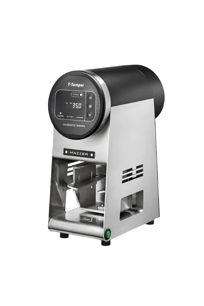 Mazzer T-Tamper Black 58mm electronic coffee tamper, top and front display view